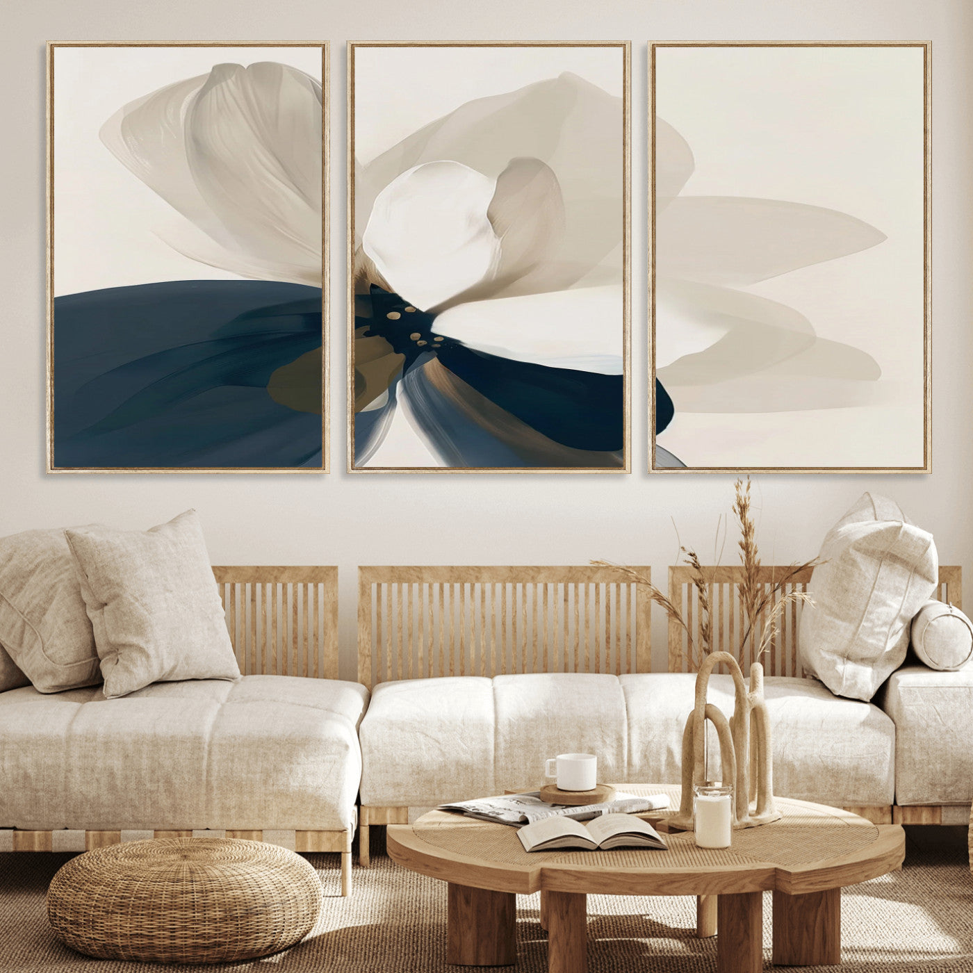 42188901-MGV-FC-60X30-3P_Natural-Minimal Flower Wall Art Canvas Print, Framed Flower Drawing Art Picture Print, Beige Bloom Perfect Modern Botanical Decor Artwork