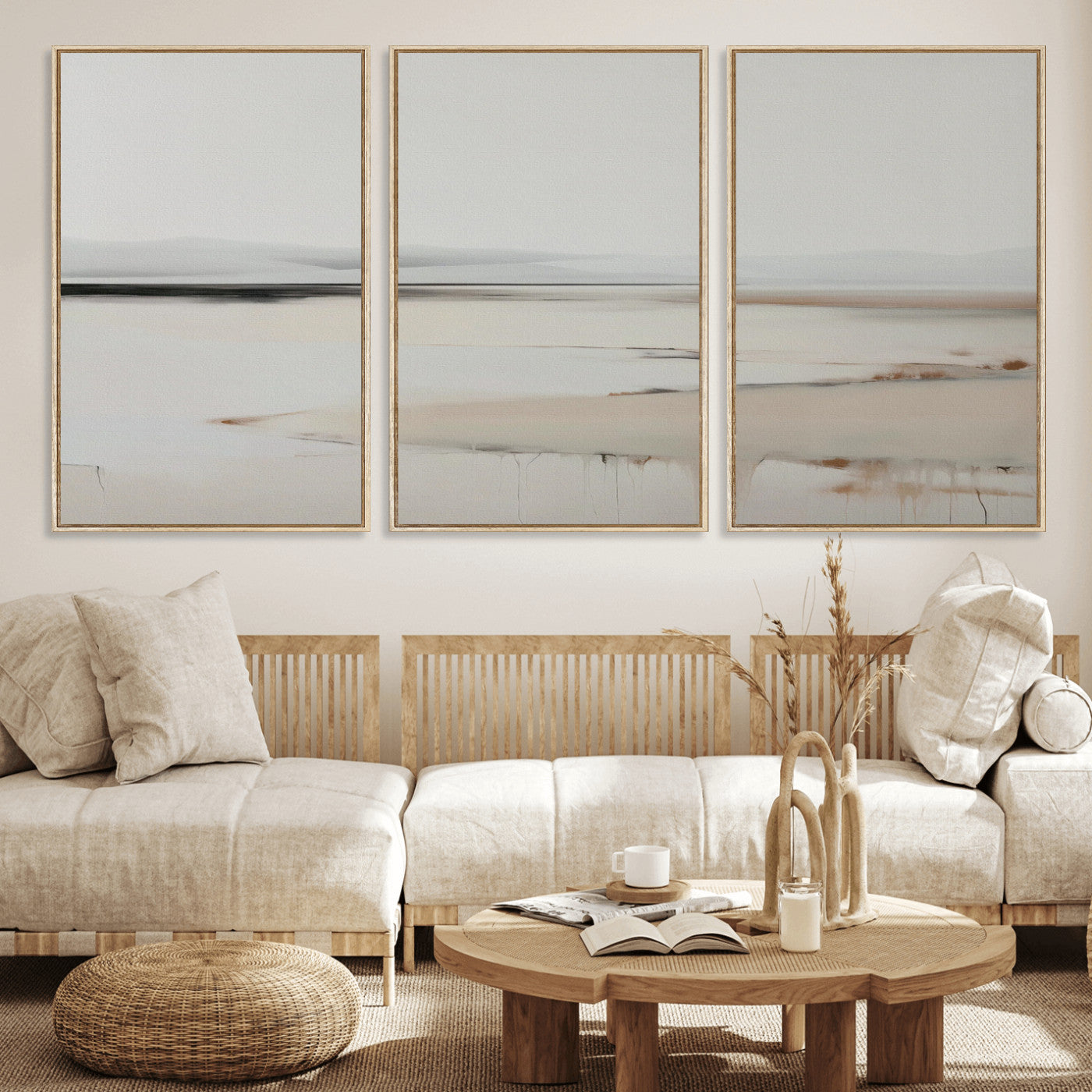 89410095-MGV-FC-60X30-3P_Natural-Minimalist Landscape Wall Art Canvas Print – Framed Soft Horizon Abstract Seascape Earthy Tones Artwork for Home Office