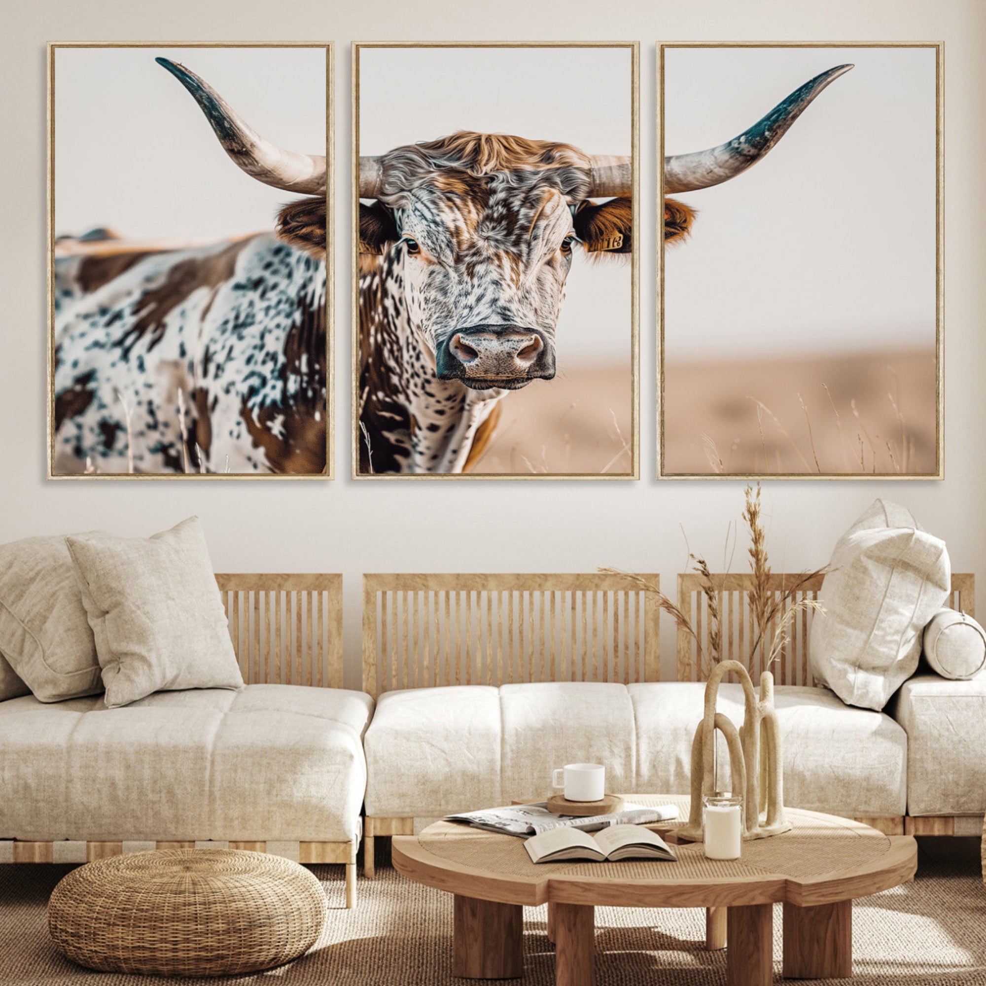 Canvas of a speckled Texas longhorn with wide curved horns and warm tones, perfect for rustic or country-style wall decor.