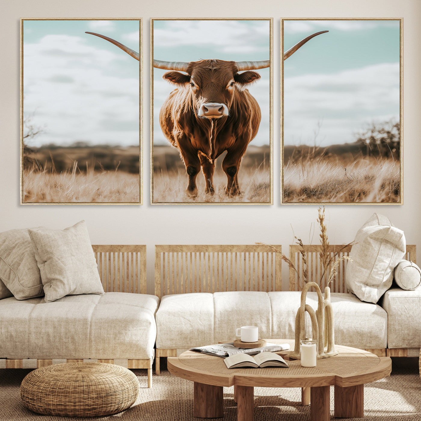 Texas Longhorn standing in a golden prairie under soft skies, ideal for rustic or western-style decor with warm natural tones.