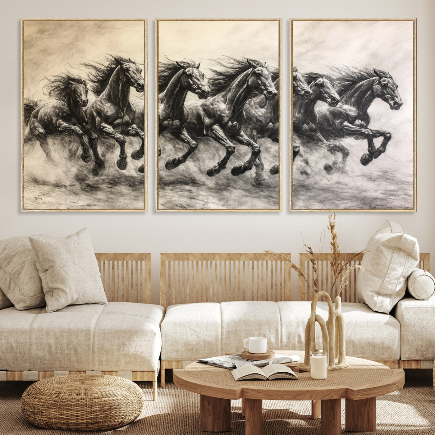 -Galloping Horses Wall Art Canvas Print, Framed Wild Stallions Art Picture Print, Horse Herd Sketch