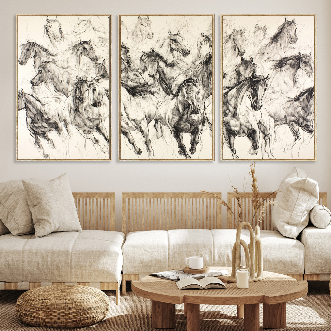 19433417-MGV-CV-36X24-Running Horses Wall Art Canvas Print – Framed Galloping Herd Dynamic Equestrian Sketch Nature Artwork for Home Office