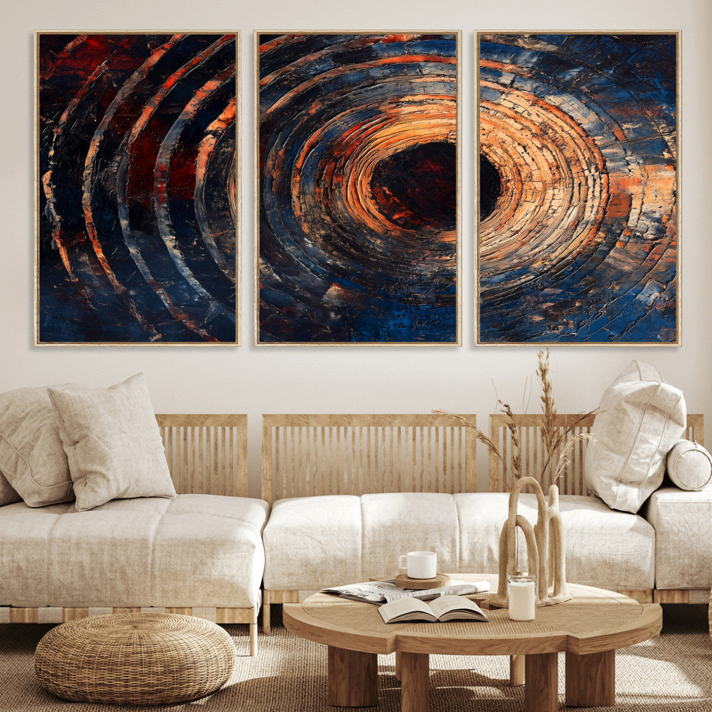 10017879-MGV-FC-60X30-3P_Natural-Wood Tree Ring Wall Art Canvas Print – Framed Natural Wood Artwork, Rustic Tree Slice Perfect Decor for Home, Office