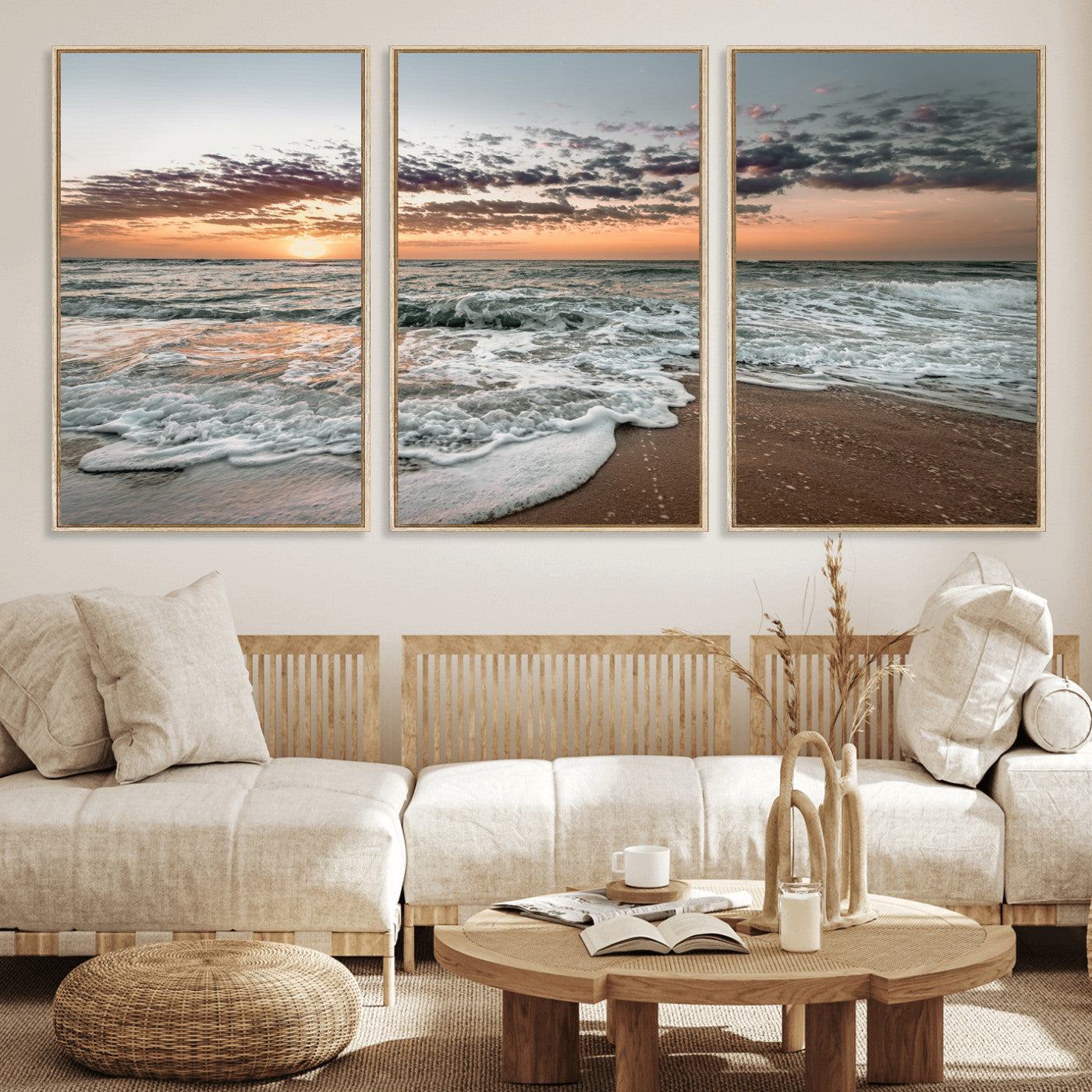 40632752-MGV-FC-60X30-3P_Natural-Ocean Sunset Wall Art Canvas Print – Framed Beach Waves Scene with Coastal Artwork for Home, Office, Living Room