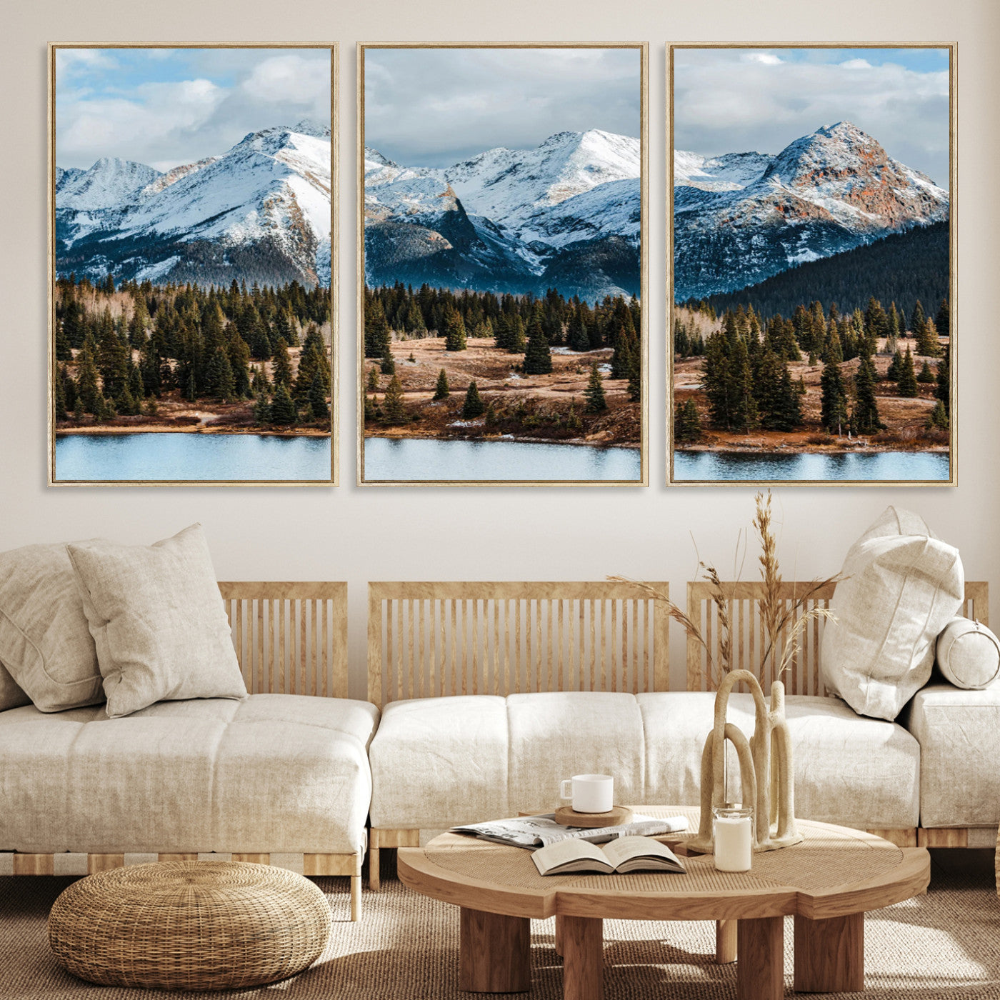 -Snowy Peaks Wall Art Canvas Print, Framed Alpine Lake Art Picture Print, Pine Forest Perfect Alpine