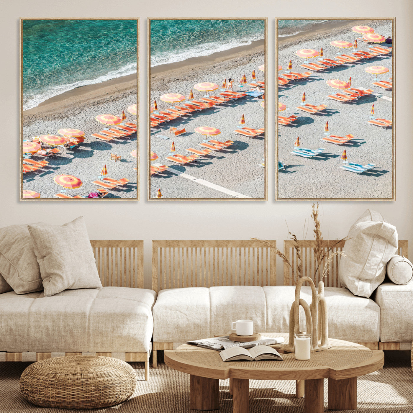 27805351-MGV-CV-36X24 - Beach Umbrellas Wall Art – Orange Loungers & Turquoise Water Canvas Print, Sandy Shore and Summer Vibes