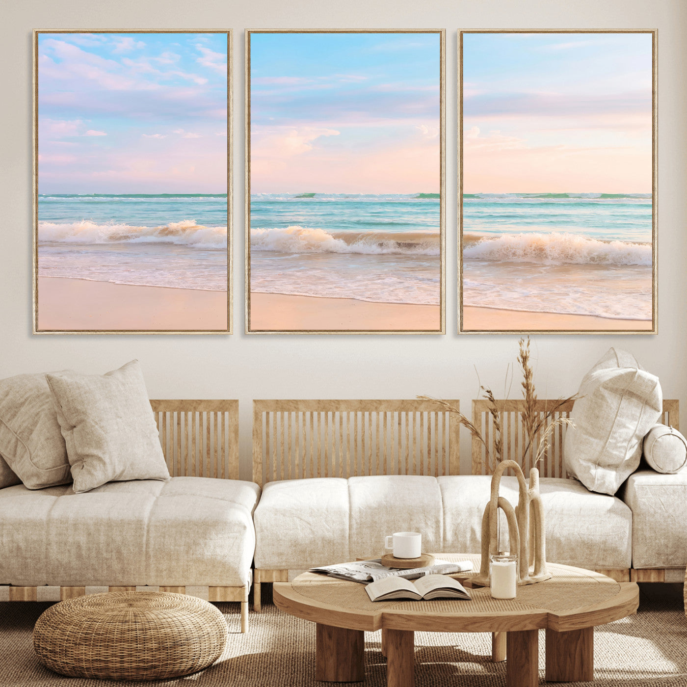 74679437-MGV-CV-36X24 - Serene Waves Wall Art – Golden Shore & Soft Pastel Sky Canvas Print, Gentle Ocean and Peaceful Sunset for Living Room or Office
