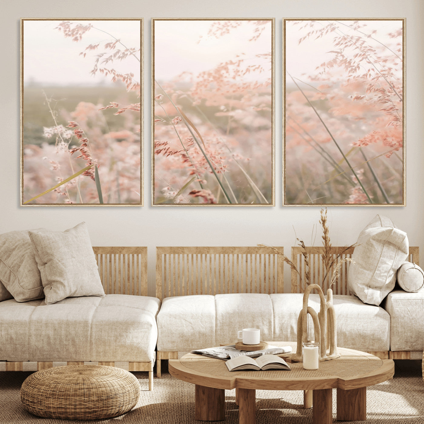 79164340-MGV-FC-60X30-3P_Natural-Pastel Grasses Wall Art Canvas Print, Framed Soft Meadow Art Picture Print, Field in Breeze Perfect Soft Pastel Minimal Decor Artwork