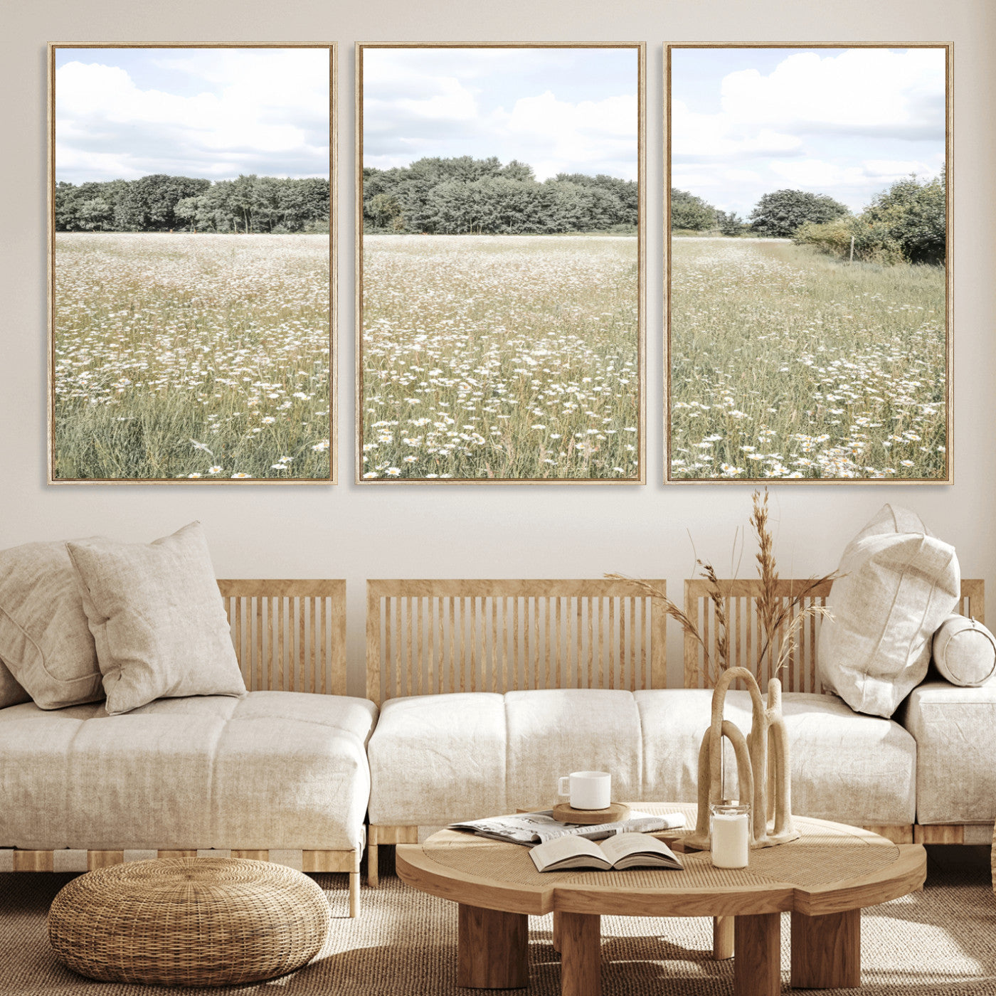 43258946-MGV-FC-60X30-3P_Natural-Charming Daisy Field Wall Art Canvas Print – Framed Pastel Flower Meadow Bloom Scandinavian Minimal Artwork for Home Office