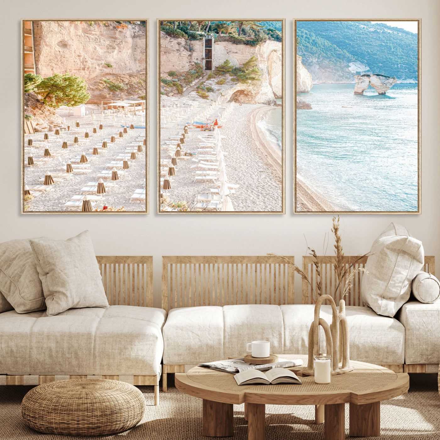 84816639-MGV-CV-36X24 - Sunny Beach Wall Art – Chairs & Umbrellas Canvas Print, Clear Water, Rocky Cliffs, Coastal Calm for Living Room or Vacation Home Decor