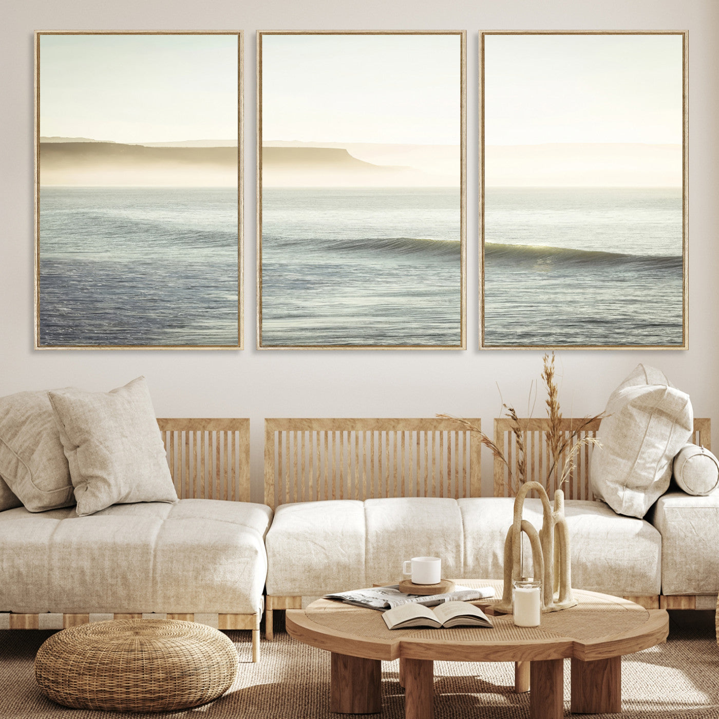 -Coastal Cliffs Wall Art Canvas Print, Framed Misty Ocean Art Picture Print, Soft Morning Perfect