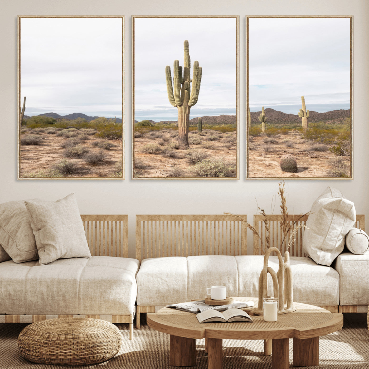 MGV-FC-60X30-3P - Saguaro Cactus Wall Art Canvas Print, Framed Desert Cactus Art Picture Print, Earthy Desert Perfect Southwestern Boho Decor Artwork