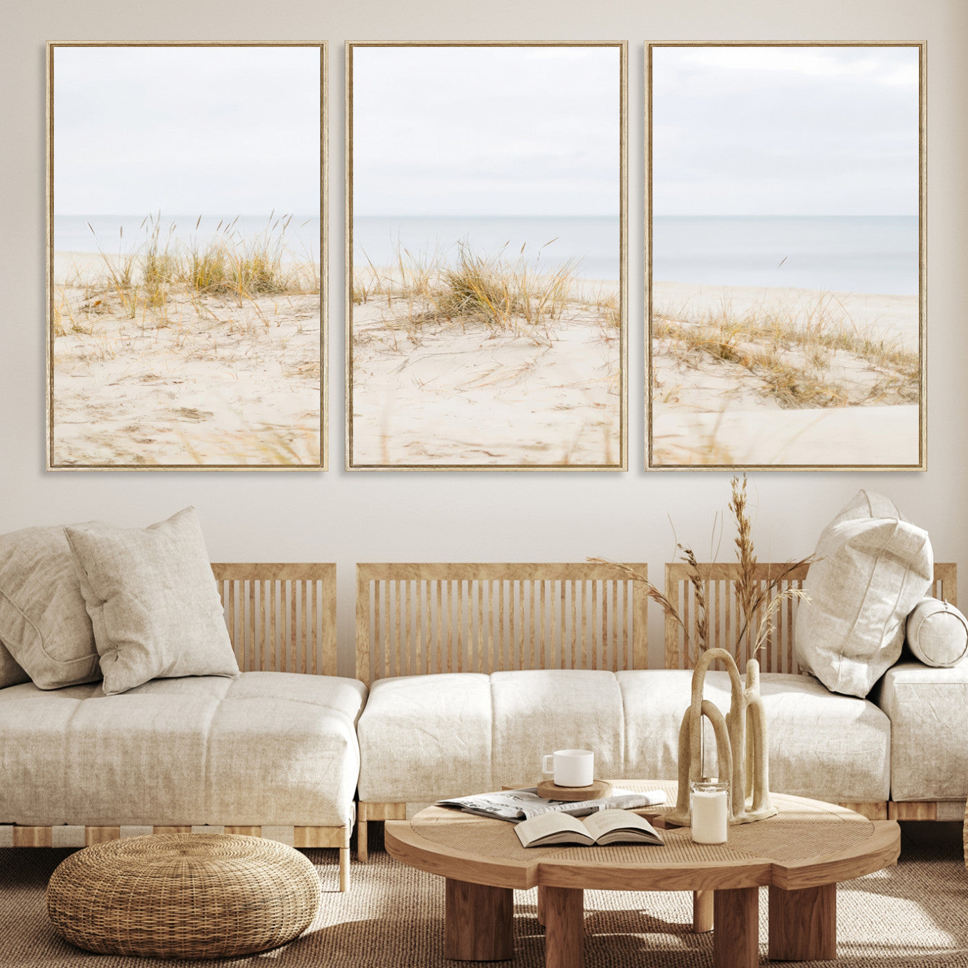-Beach Dunes Wall Art Canvas Print, Framed Coastal Grass Art Picture Print, Sand Perfect Minimalist