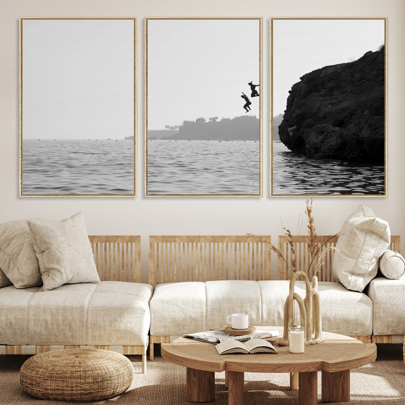 52284302-MGV-CV-36X24-Jumping Wall Art Canvas Print – Framed Coastal Ocean Scene Artwork for Relaxing Beach Home, Office Decor