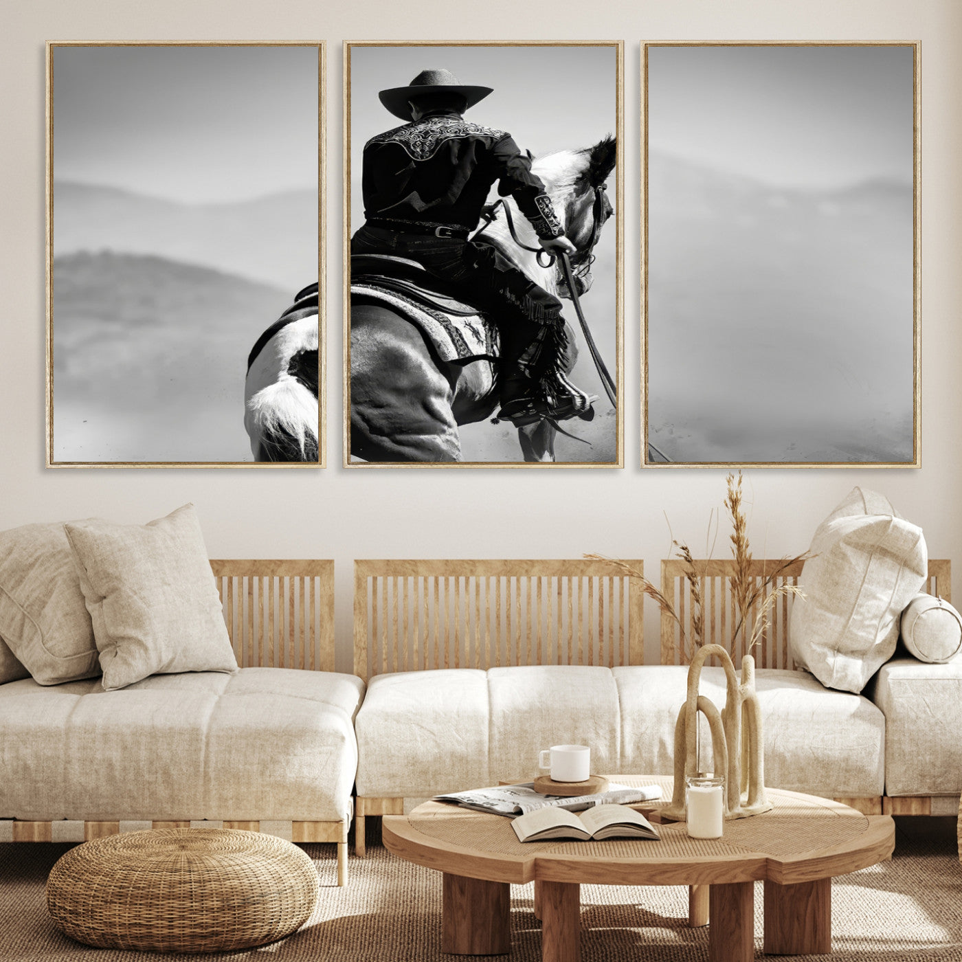83102464-MGV-CV-36X24-Western Wall Art Canvas Print – Framed Cowboy and Horse Scene Artwork for Rustic Western Home, Office Decor