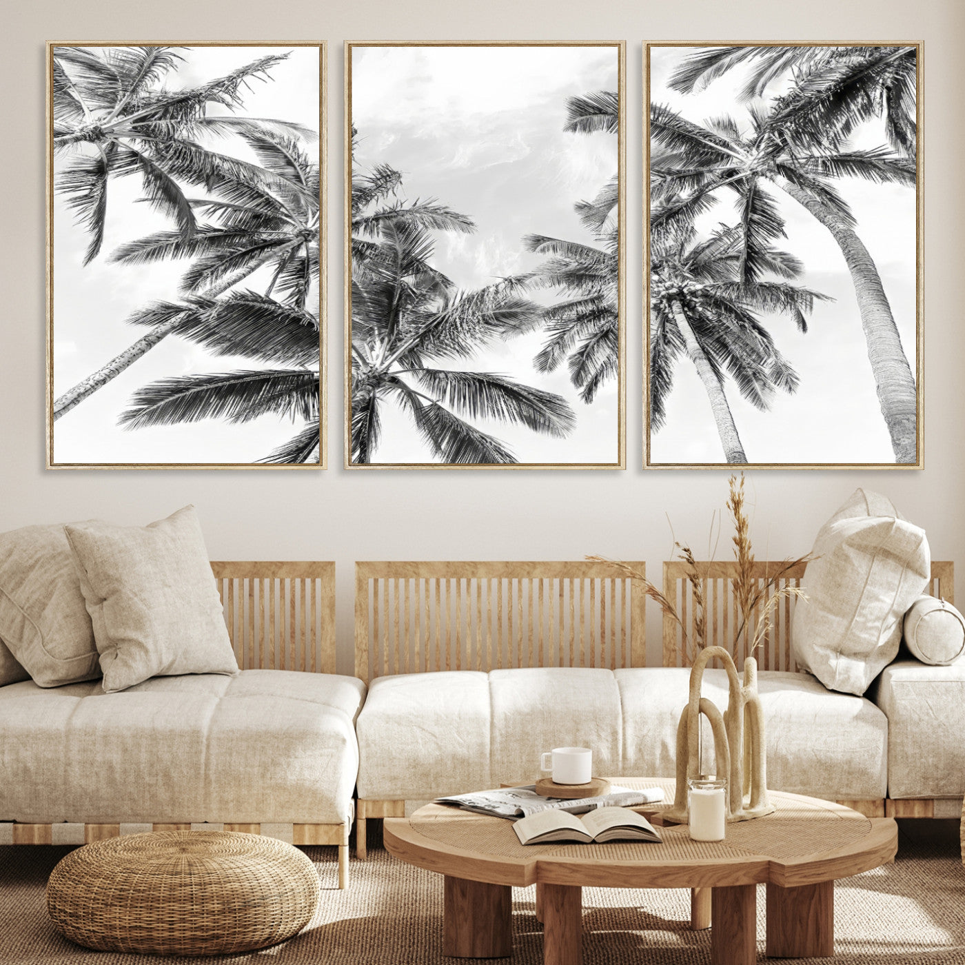 62113786-MGV-CV-36X24-Black and White Palm Wall Art Canvas Print – Framed Monochrome Tropical Beach Scene Artwork for Modern Home, Office Decor