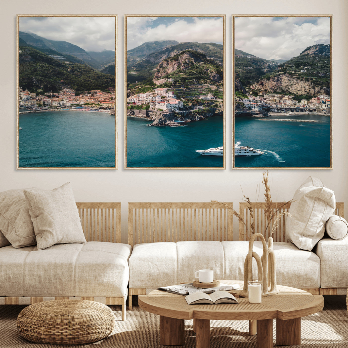 20321590-MGV-FC-60X30-3P_Natural-Amalfi Coast Wall Art – Framed Italian Seaside Canvas Artwork, Mediterranean Landscape Design, Coastal Decor for Home, Office