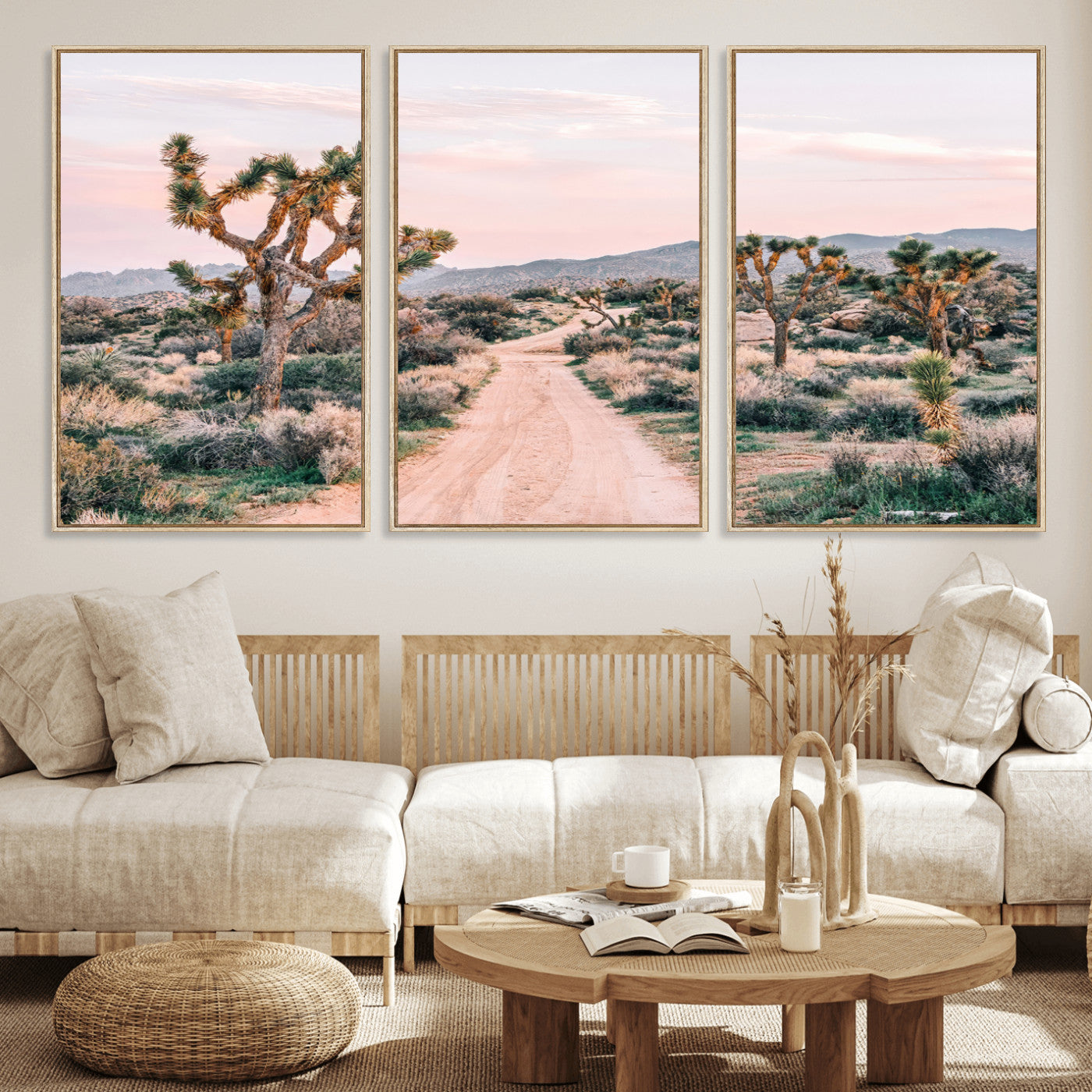 MGV-FC-60X30-3P - Desert Trail Wall Art – Canvas Print of Joshua Trees & Sunset Glow, Sandy Path Wilderness, Scenic Nature Escape Decor for Living Room, Office or Bedroom