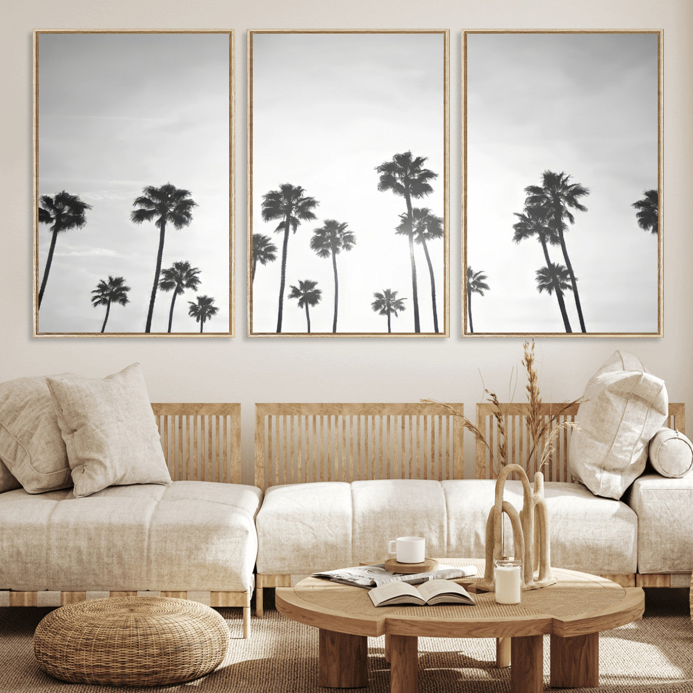 62298277-MGV-FC-60X30-3P_Natural-Monochrome Palms Wall Art Canvas Print – Framed Minimalist Silhouetted Trees Artwork for Home, Office, Living Room