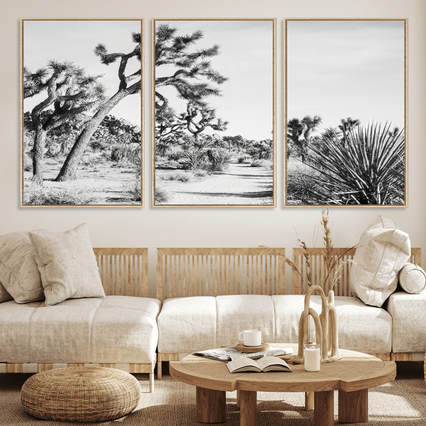 88164251-MGV-FC-60X30-3P_Natural-Joshua Tree Desert Wall Art – Black & White Canvas Print, Nature Serenity Decor for Guest Room, Office or Living Room