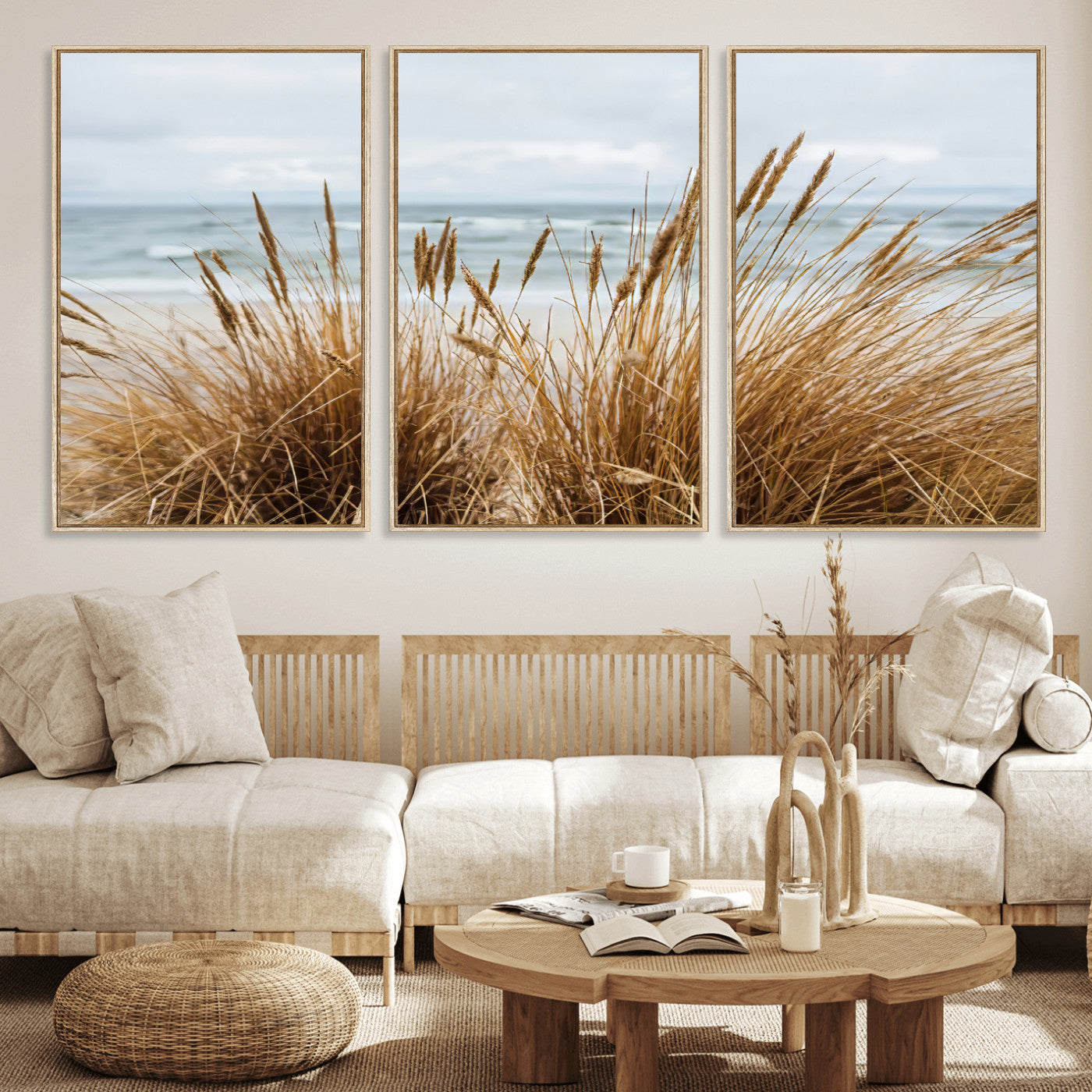 14270839-MGV-FC-60X30-3P_Natural-Beach Grass Wall Art – Framed Coastal Dunes Canvas Artwork, Minimal Seaside Design, Modern Coastal Decor for Home, Office