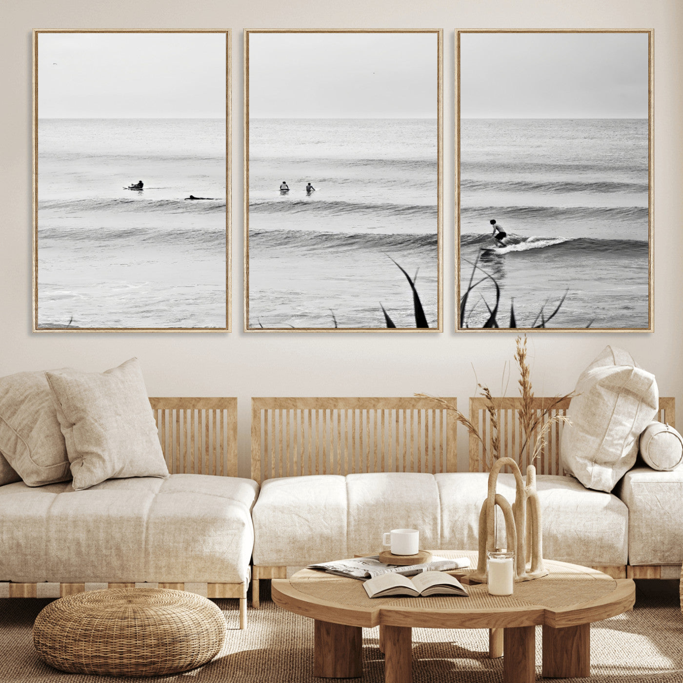 33821421-MGV-FC-60X30-3P_Natural-Surfer Silhouette Wall Art – Framed Calm Ocean Canvas Artwork, Monochrome Minimal Design, Modern Coastal Decor for Home, Office