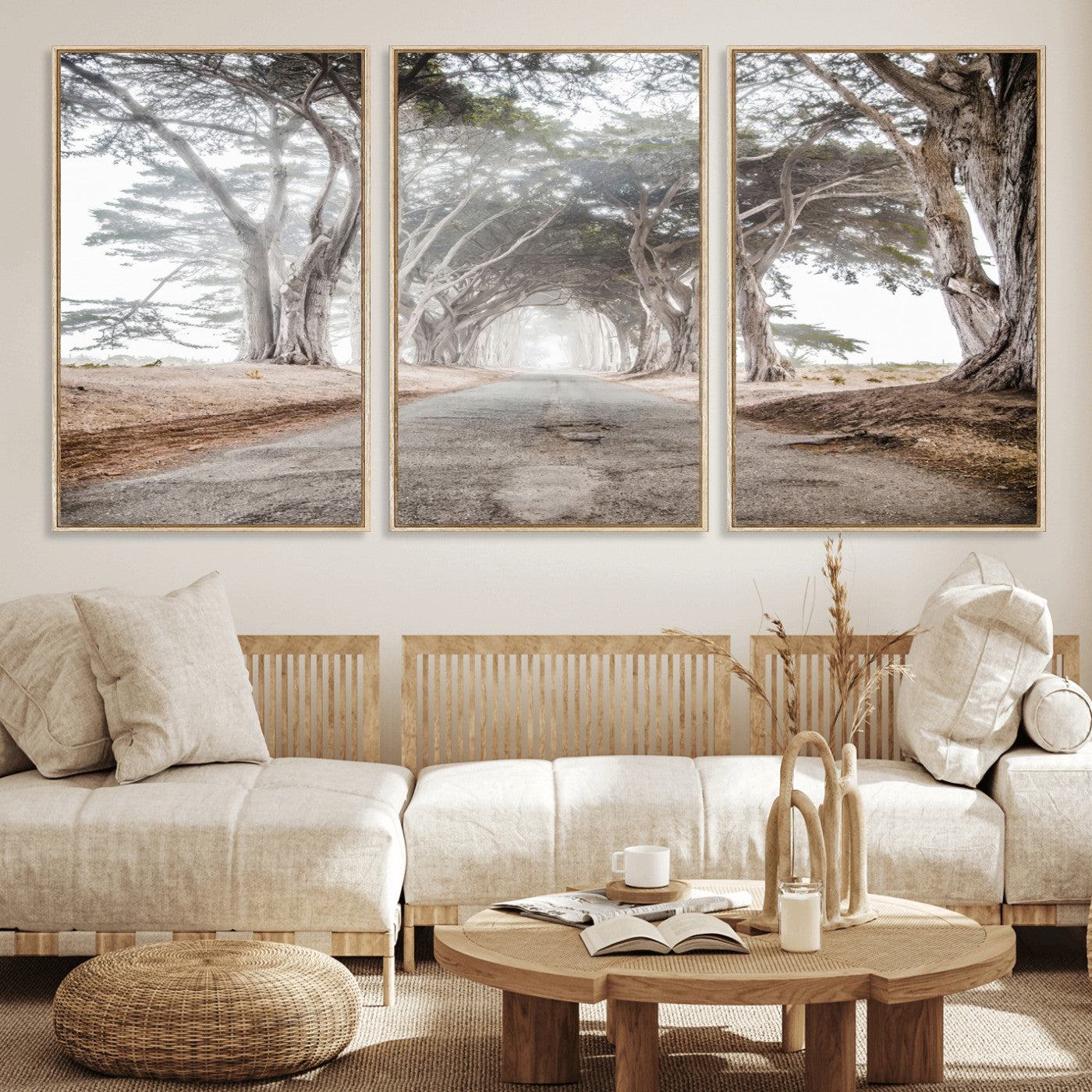 87090469-MGV-CV-36X24-Cypress Tunnel Wall Art – Framed Misty Road Canvas Artwork, Foggy Trees Design, Rustic Woodland Nature Decor for Home, Office