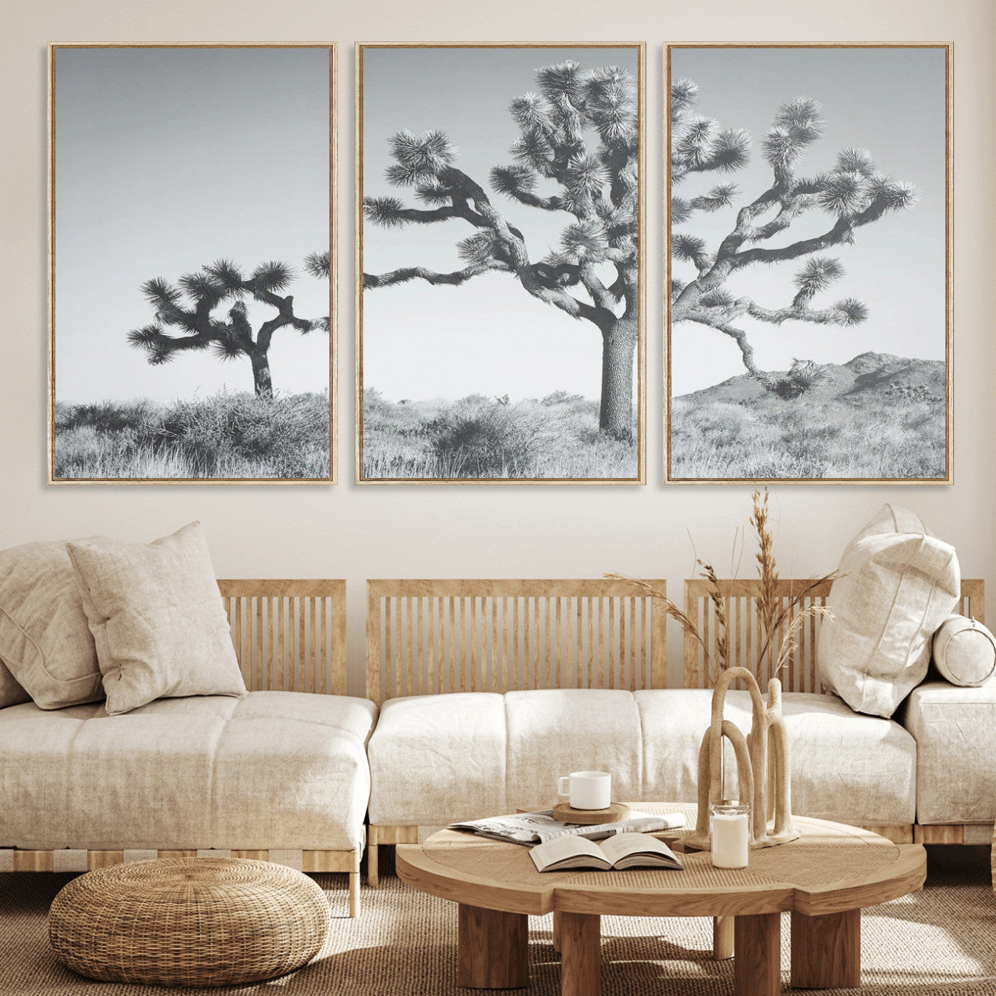 29996209-MGV-FC-60X30-3P_Natural-Joshua Tree Wall Art Canvas Print – Framed Black White Desert Landscape Southwestern Nature Artwork for Home Office
