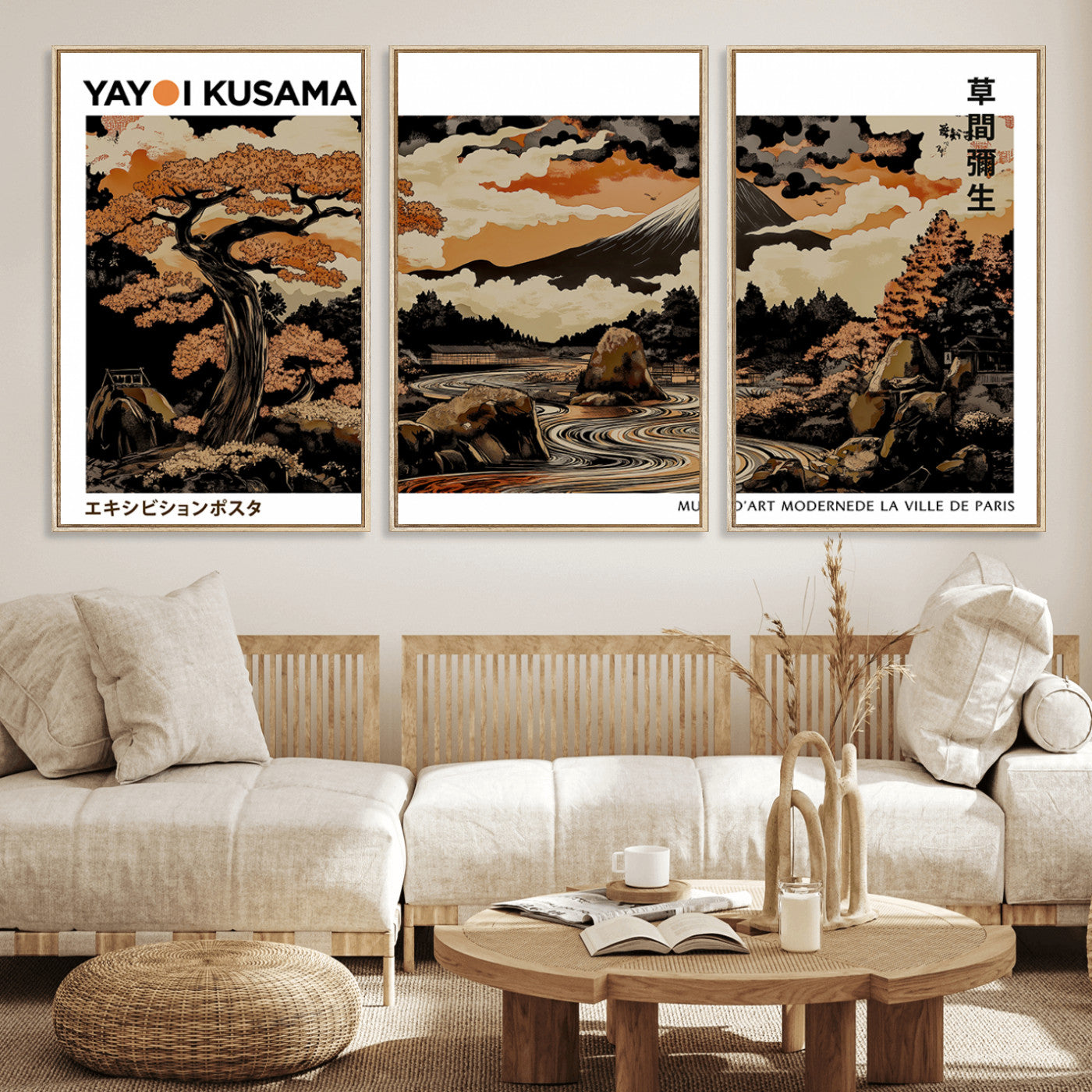 96372548-MGV-FC-60X30-3P_Natural-Modern Japanese Wall Art Canvas Print – Framed Abstract Mount Fuji Scene with Yayoi Kusama Style Artwork for Home, Office