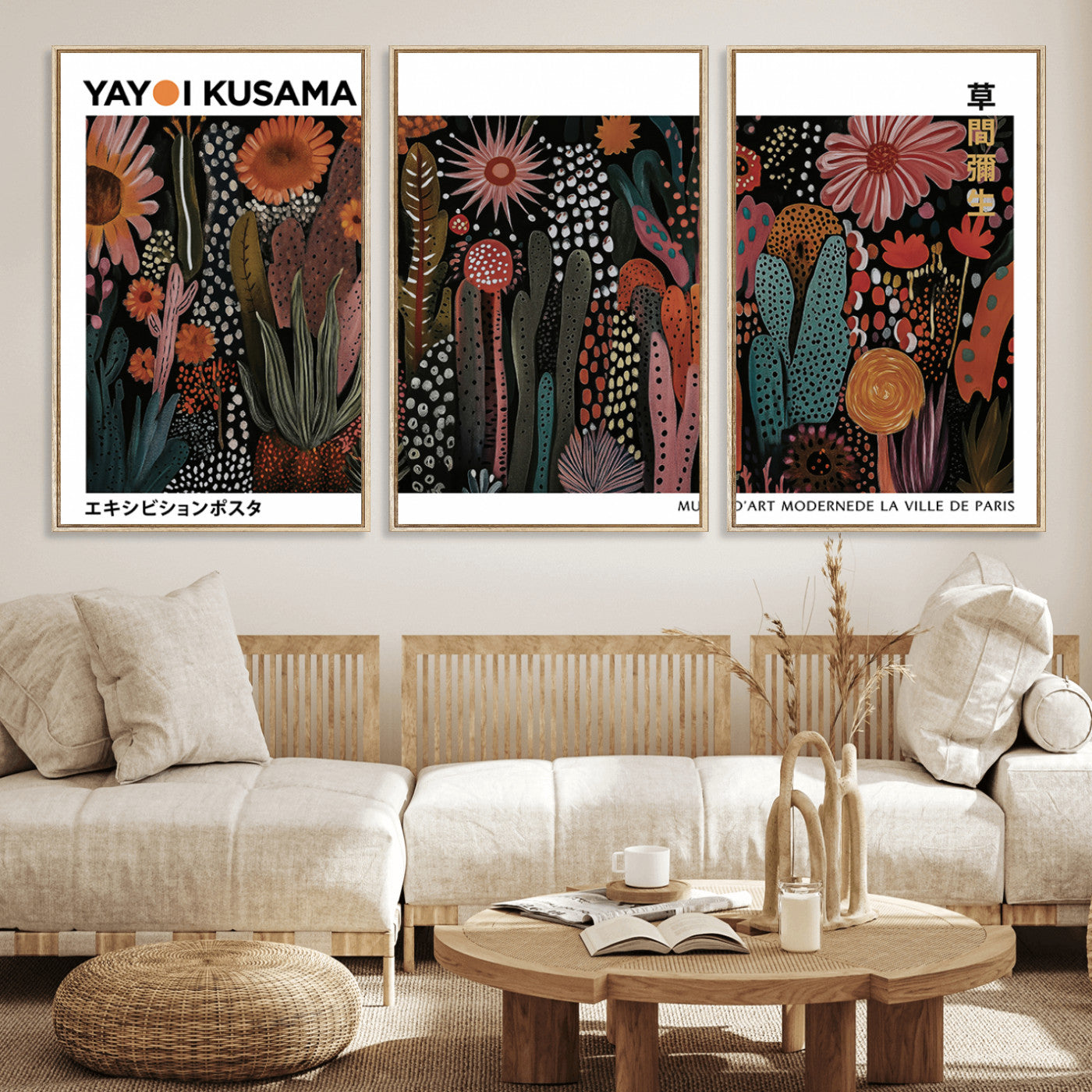 70632622-MGV-FC-60X30-3P_Natural-Modern Japanese Wall Art Canvas Print – Framed Abstract Mount Fuji Scene with Yayoi Kusama Artwork for Home, Office