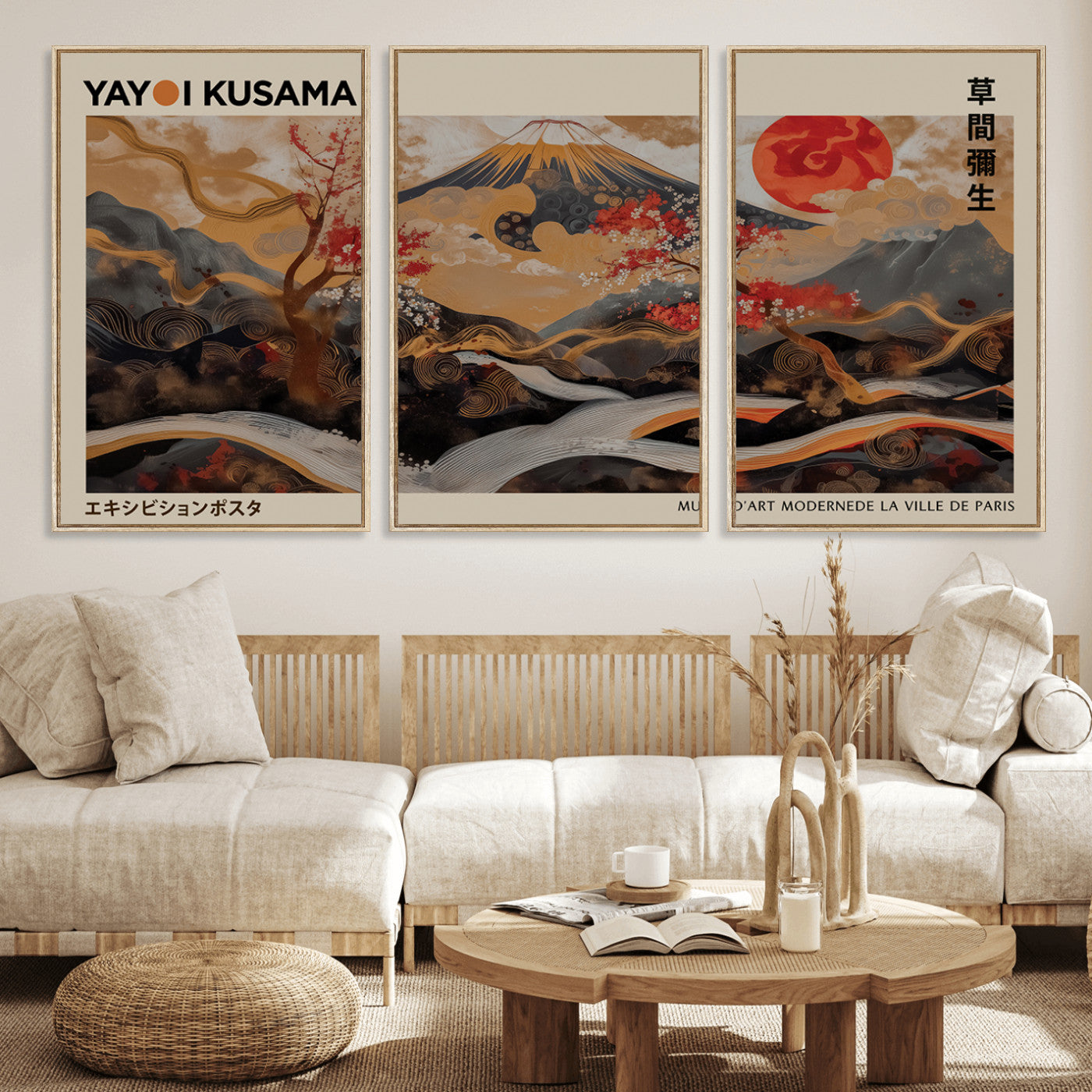 77970791-MGV-FC-60X30-3P_Natural-Modern Japanese Wall Art Canvas Print – Framed Abstract Mount Fuji Scene with Yayoi Kusama Artwork for Home, Office