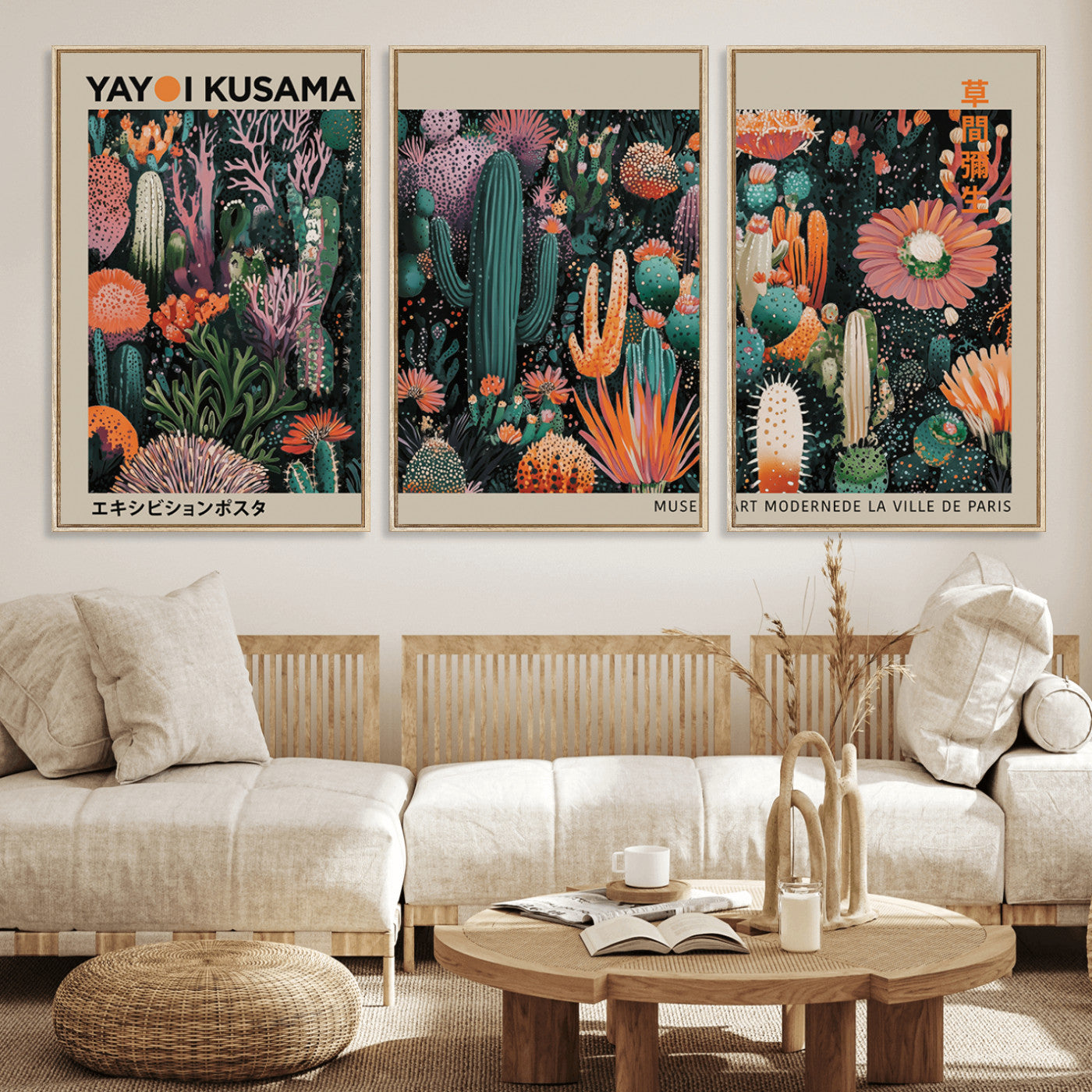 20505520-MGV-FC-60X30-3P_Natural-Yayoi Kusama Art Print Canvas – Abstract Mount Fuji Japanese Wall Art Contemporary Modern Artwork for Home, Office