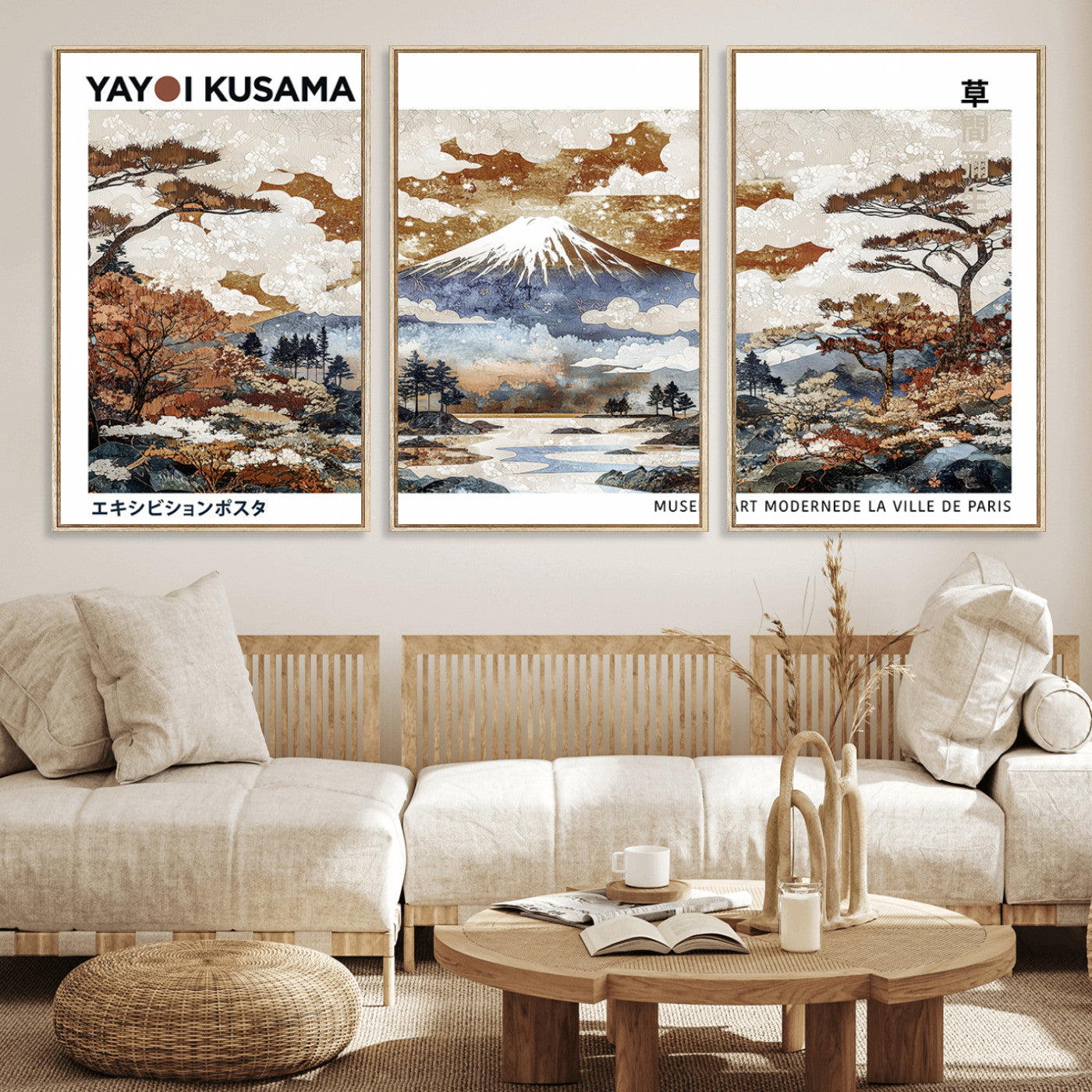 80111817-MGV-CV-36X24-Modern Japanese Wall Art Canvas Print – Framed Abstract Mount Fuji Scene with Yayoi Kusama Artwork for Home, Office