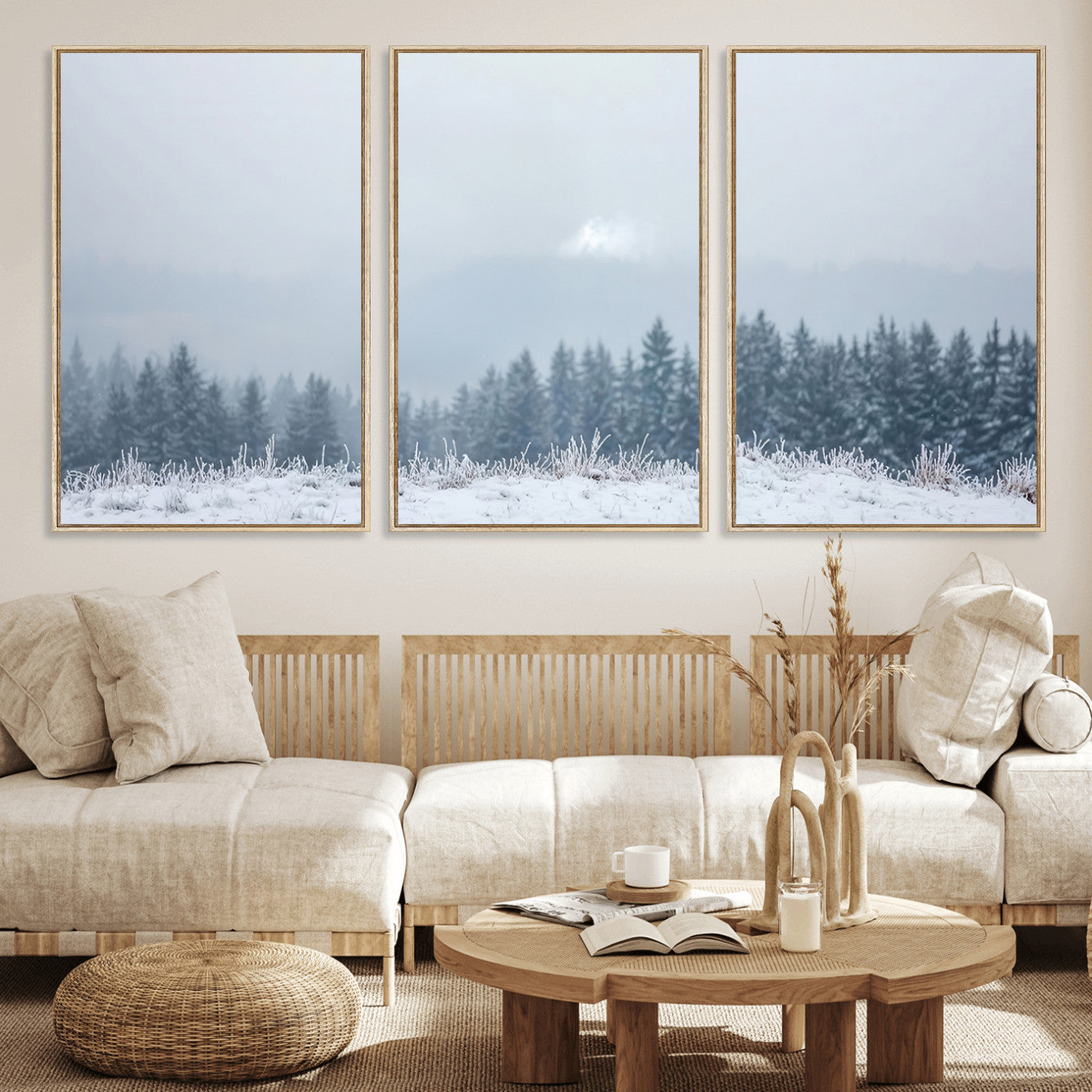 33033082-MGV-FC-60X30-3P_Natural-Winter Forest Wall Art Canvas Print – Framed Snowy Landscape Art Picture Misty Tree Scene Artwork for Home Office