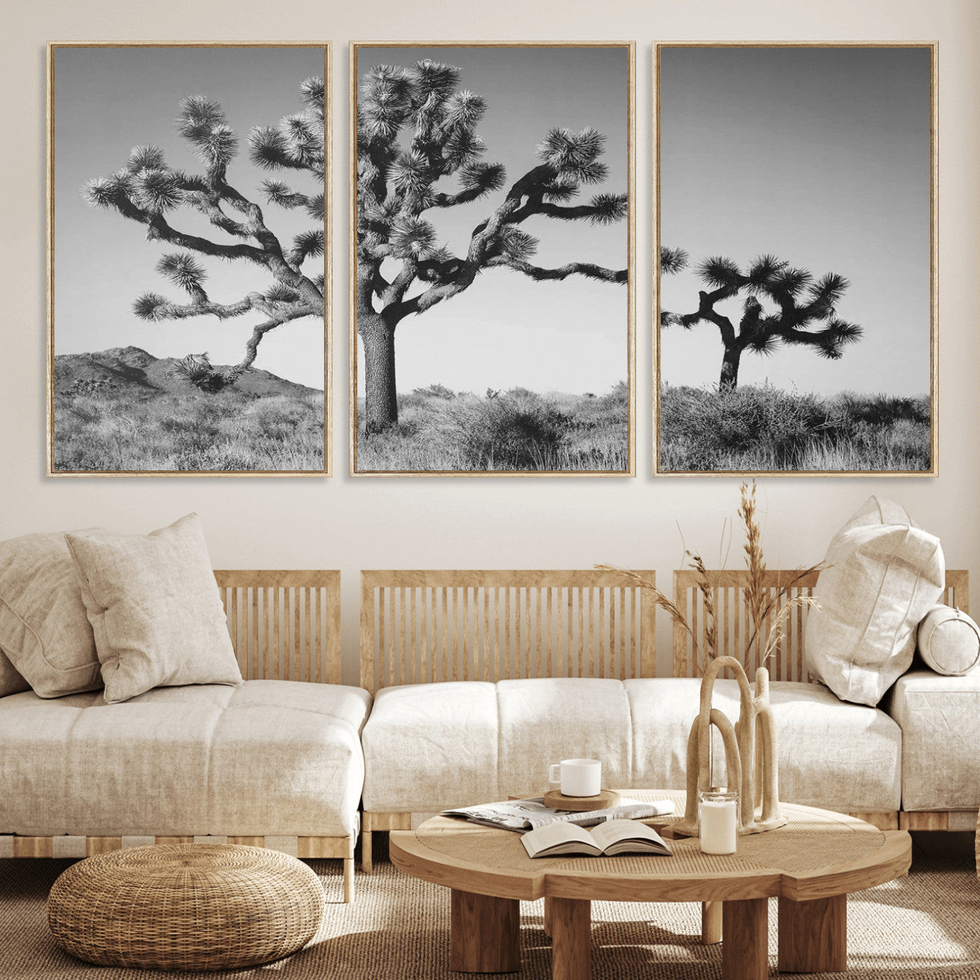93692513-MGV-FC-60X30-3P_Natural-Joshua Tree Wall Art Canvas Print – Framed Monochrome Desert Minimalist Nature Scene Southwestern Artwork for Home Office