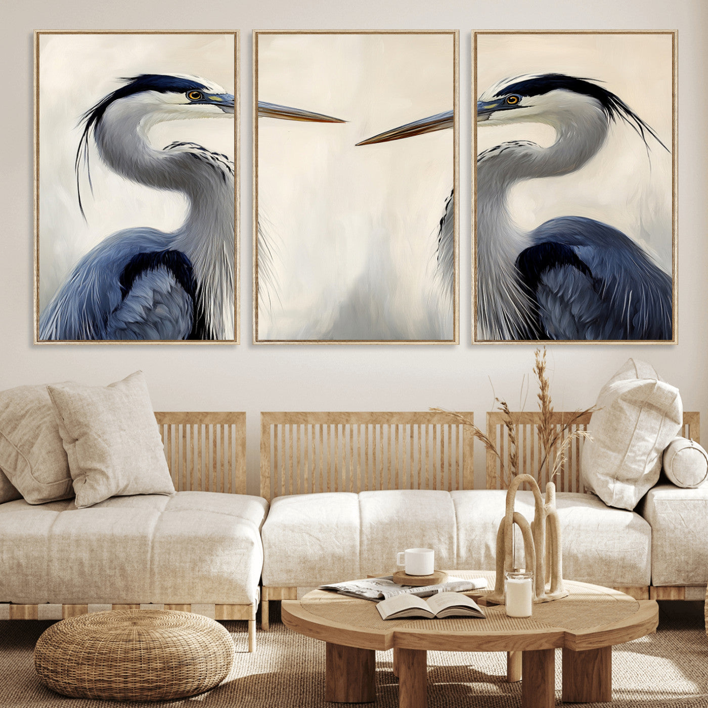 18230556-MGV-FC-60X30-3P_Natural-Blue Heron Pair Wall Art Canvas Print – Framed Coastal Bird Tranquil Wildlife Scene Minimalist Nature Artwork for Home Office