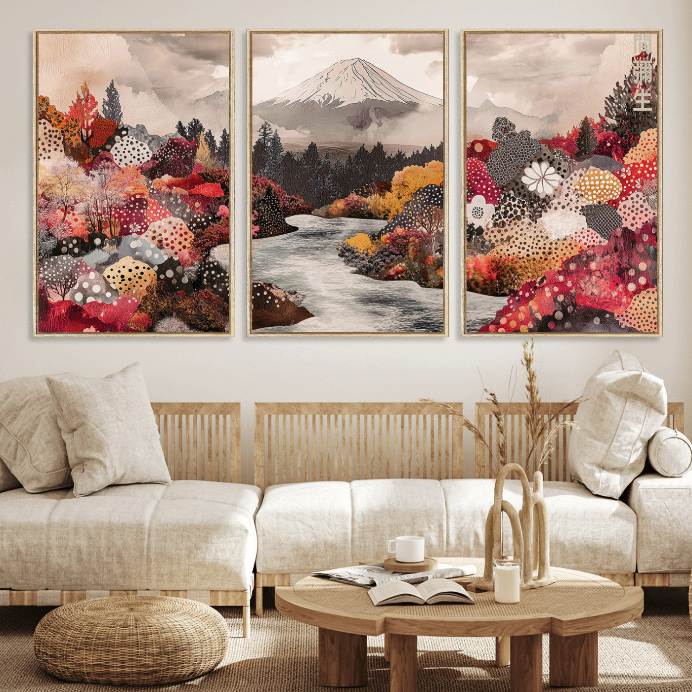 37138418-MGV-FC-60X30-3P_Natural-Mountain Wall Art Wall Art Canvas Print, Framed Autumn Forest Art Picture Print, Cottagecore Landscape Perfect Cottagecore Boho Decor Artwork