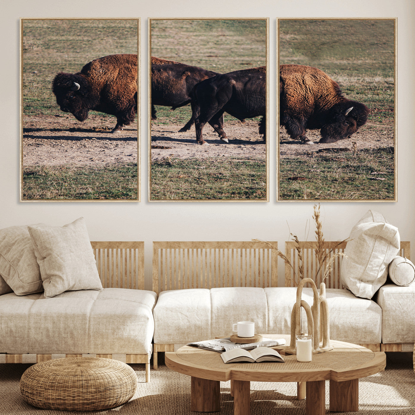 58141885-MGV-FC-60X30-3P_Natural-Bison Wall Art Canvas Print – Framed Western Wildlife Modern Ranch Rustic Nature Scene Artwork for Home Office