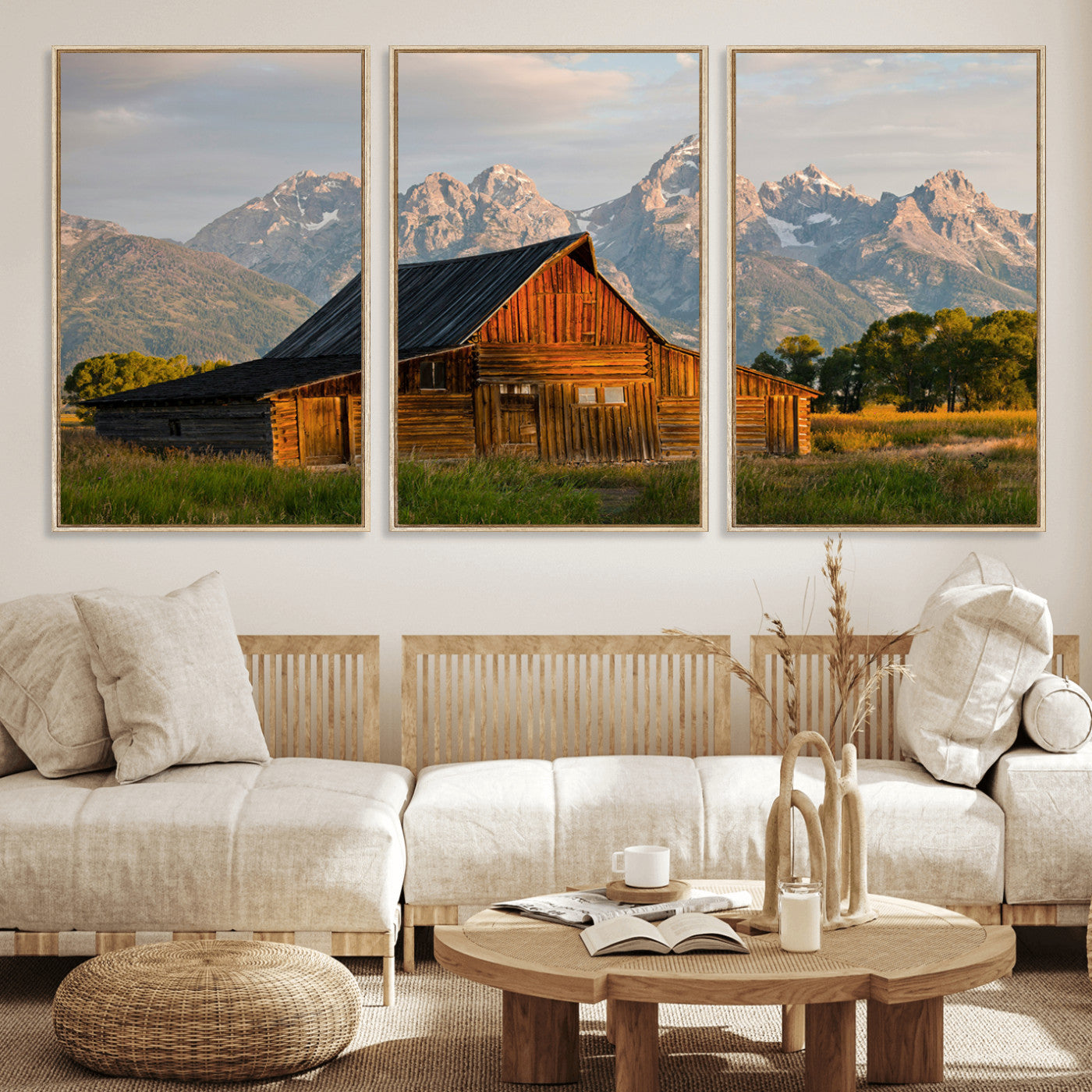 31771014-MGV-FC-60X30-3P_Natural-Rustic Barn Wall Art Canvas Print – Framed Western Landscape Farmhouse Style Rustic Nature Scene Artwork for Home Office