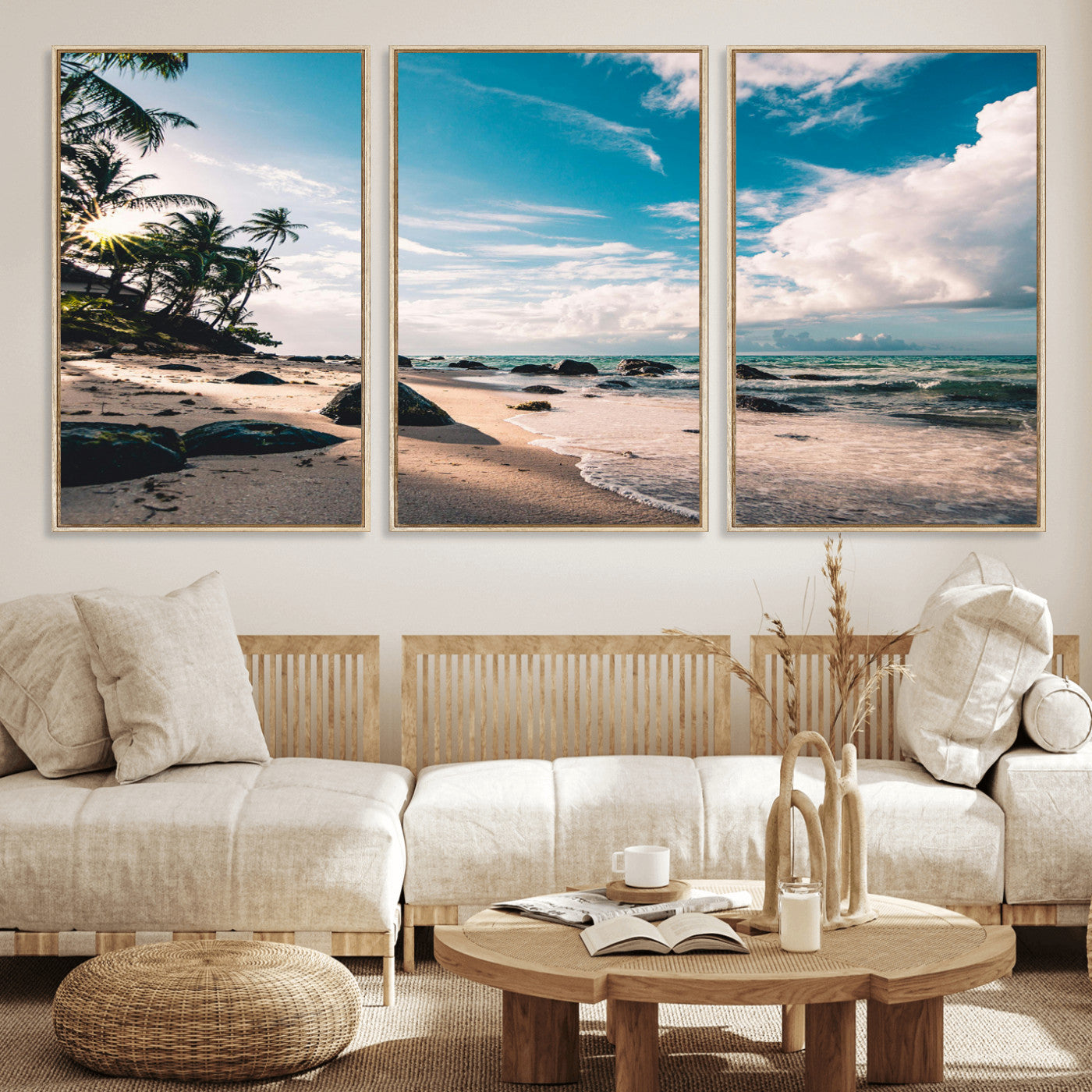 95301406-MGV-FC-60X30-3P_Natural-Tropical Beach Wall Art Canvas Print – Framed Ocean Waves Relaxing Seascape Coastal Nature Scene Artwork for Home Office