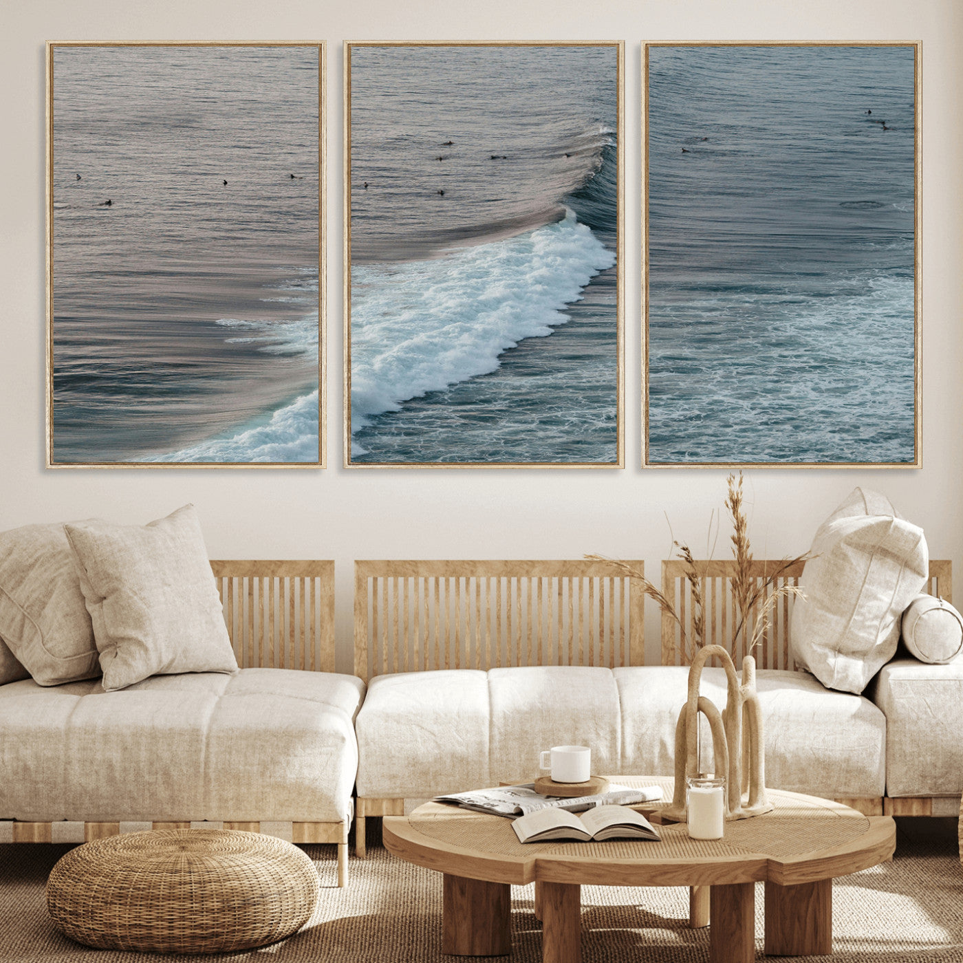 23077324-MGV-FC-60X30-3P_Natural-Ocean Waves Wall Art Canvas Print – Framed Coastal Serenity Surf Nature Scene Artwork for Home Office