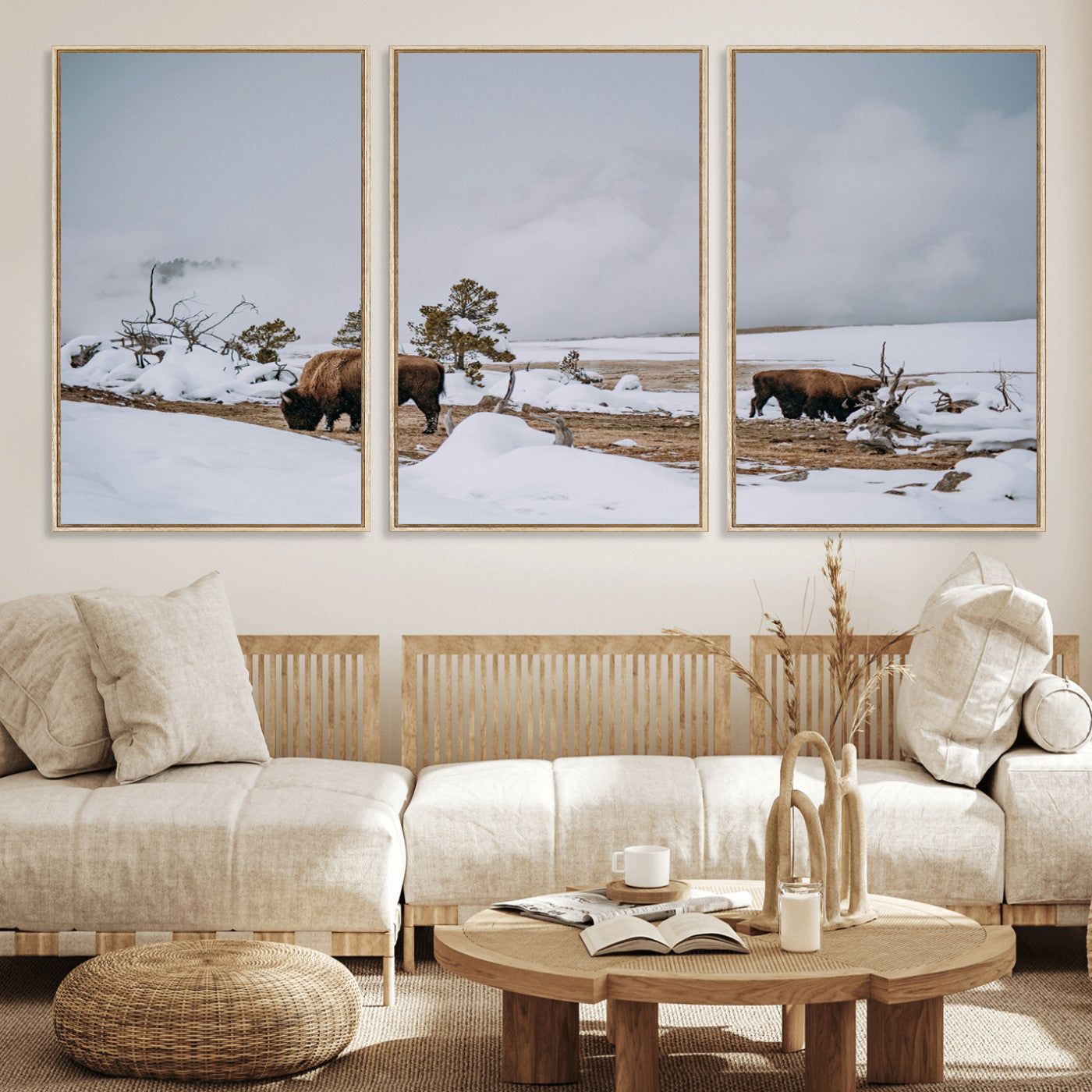 60308289-MGV-FC-60X30-3P_Natural-Bison Wildlife Wall Art Canvas Print – Framed Snowy Prairie Western Rustic Nature Scene Artwork for Home Office