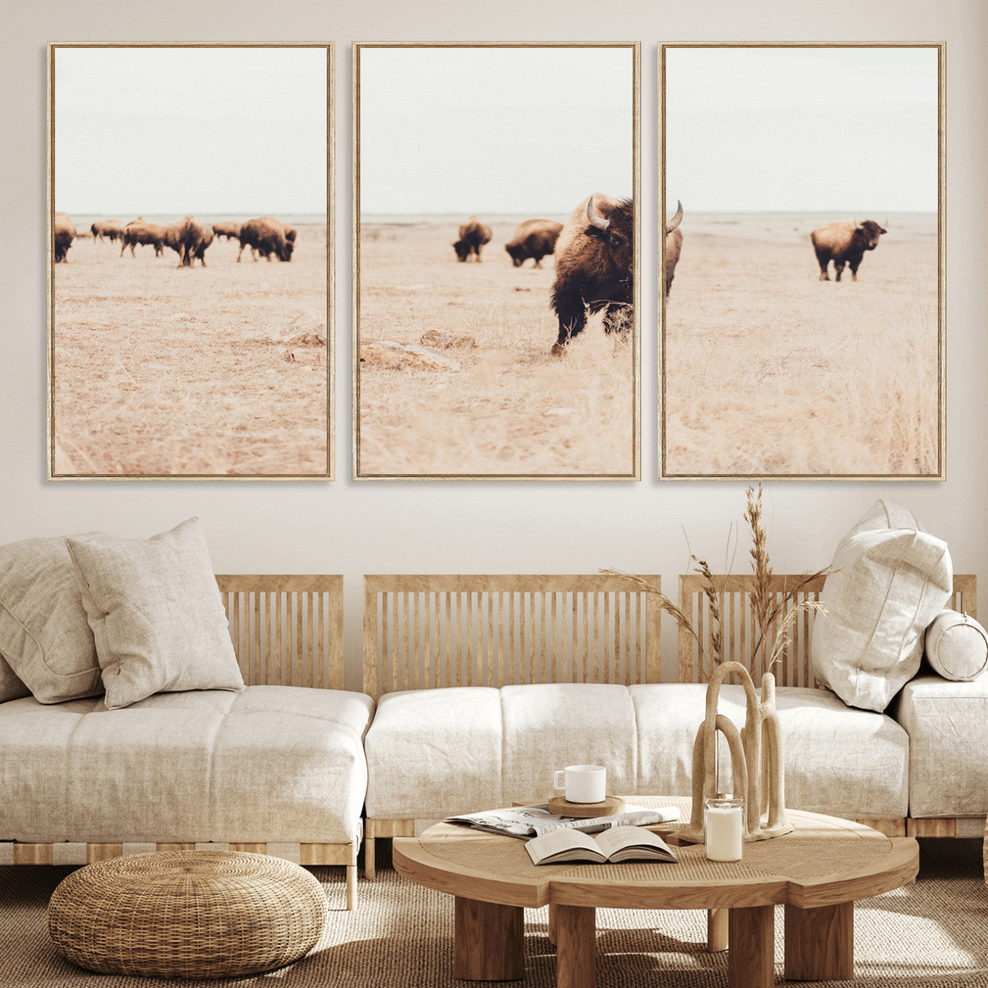 61367865-MGV-FC-60X30-3P_Natural-Bison Herd Wall Art Canvas Print – Framed Western Prairie Serenity Ranch Nature Scene Artwork for Home Office