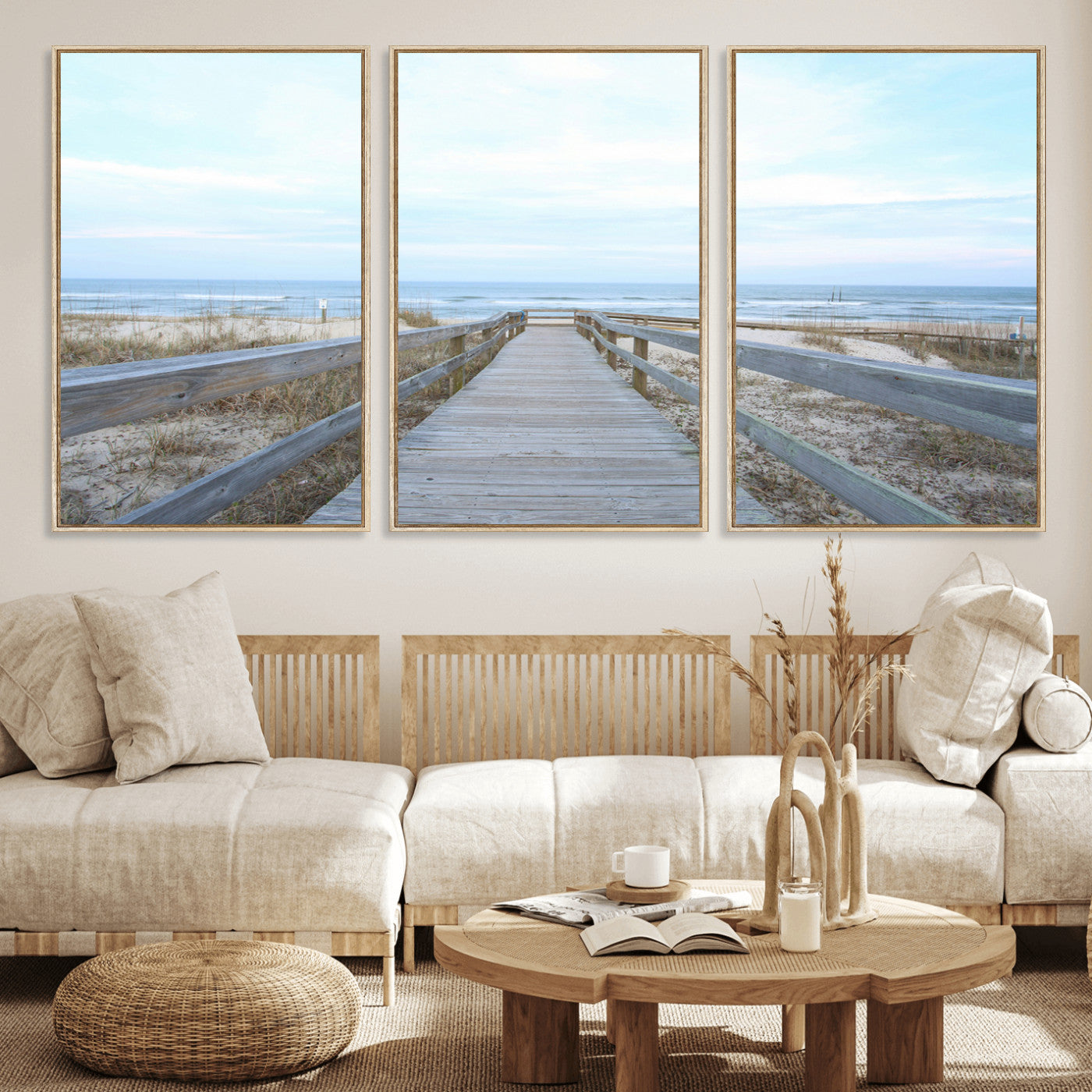 31602988-MGV-FC-60X30-3P_Natural-Beach Boardwalk Wall Art Canvas Print – Framed Coastal Serenity Ocean View Nature Scene Artwork for Home Office