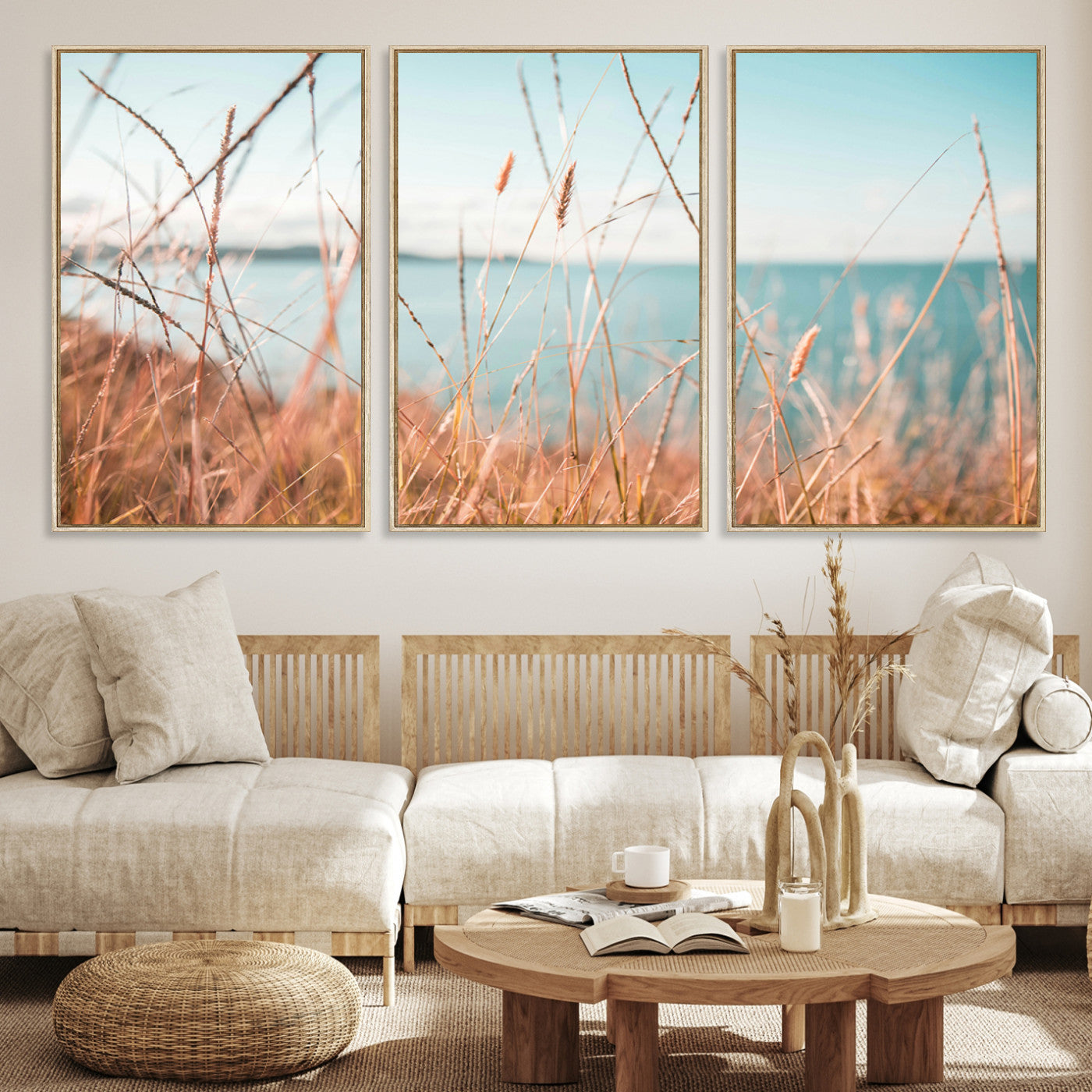 36108696-MGV-CV-36X24-Coastal Grass Landscape Wall Art Canvas Print – Golden Shoreline Nature Scene Serene Ocean View Artwork for Home Office