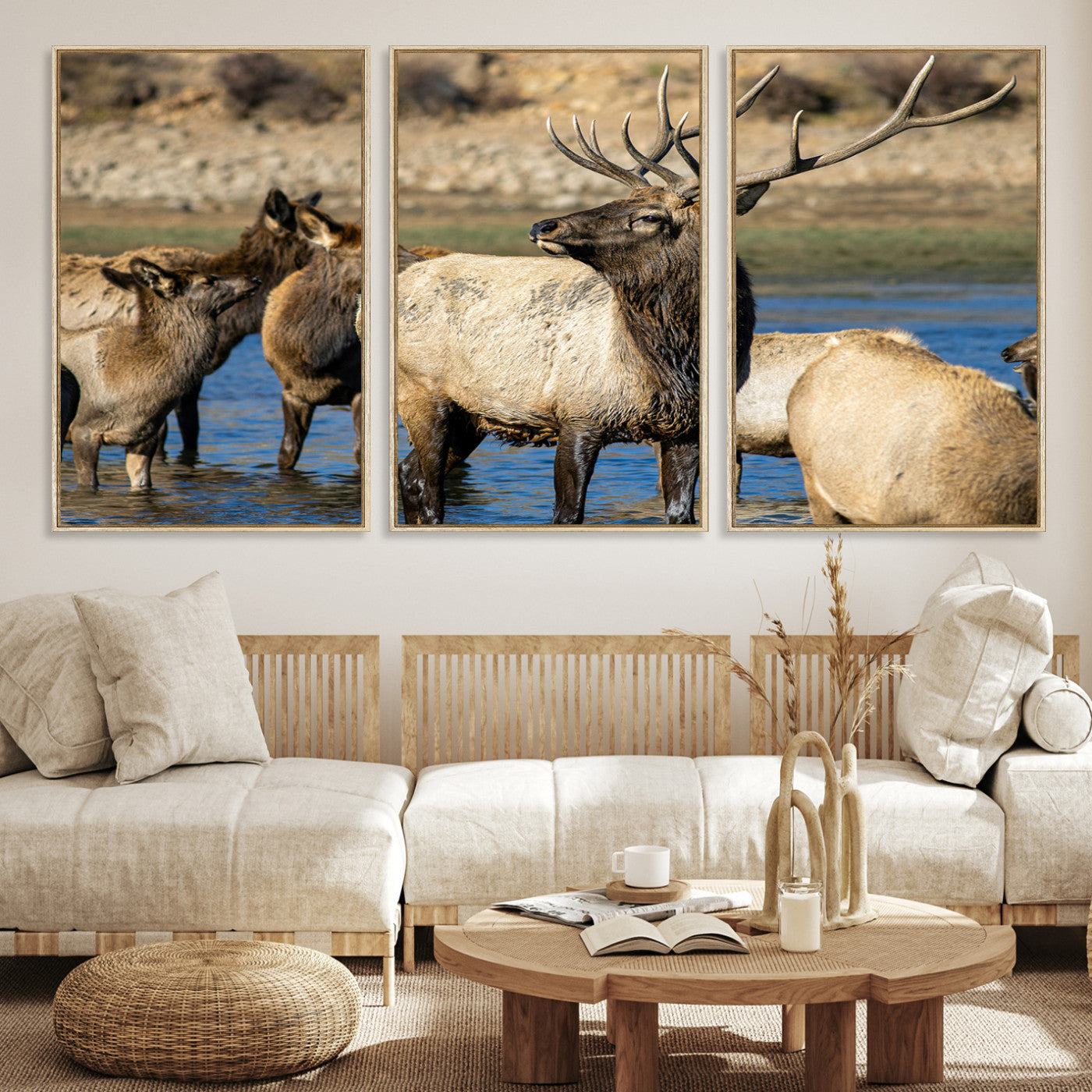 -Wild Elk Wall Art Canvas Print – Framed Neutral Wildlife Rustic Forest Scene Photography Artwork for Home Office