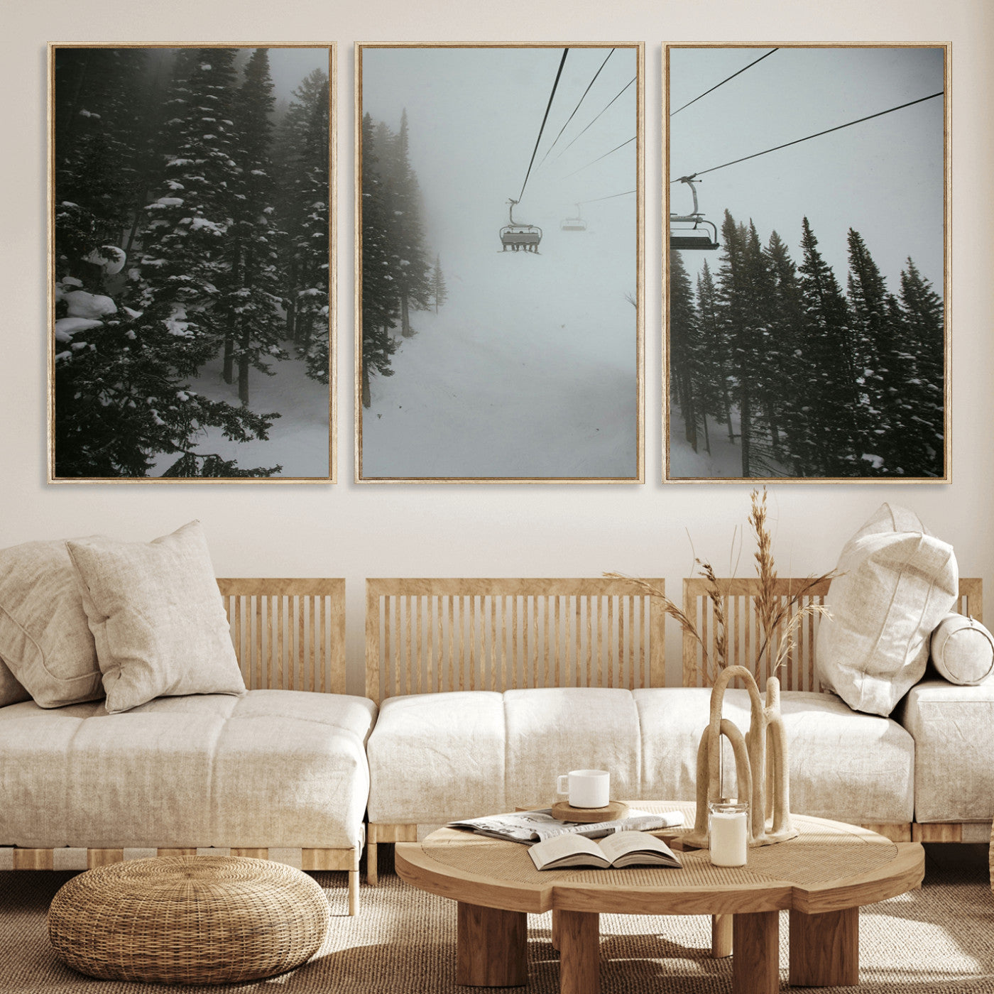 87018452-MGV-FC-60X30-3P_Natural-Ski Lift Wall Art Canvas Print – Snowy Pines Misty Landscape Winter Serenity Artwork for Home, Office Decor