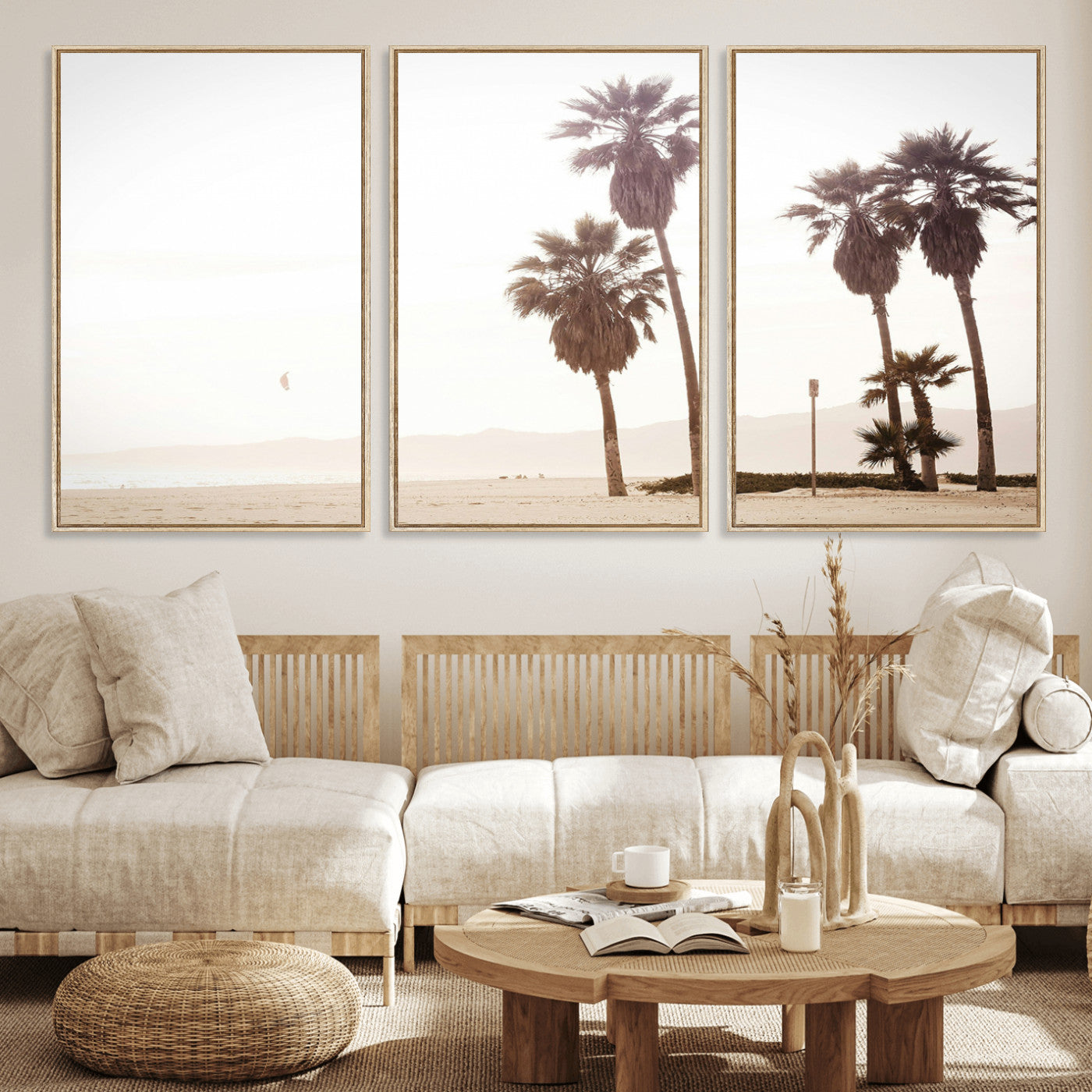 48255923-MGV-FC-60X30-3P_Natural-Coastal Light Wall Art Canvas Print – Relaxing Shoreline Minimalist Ocean Tropical Serenity Artwork for Home, Office