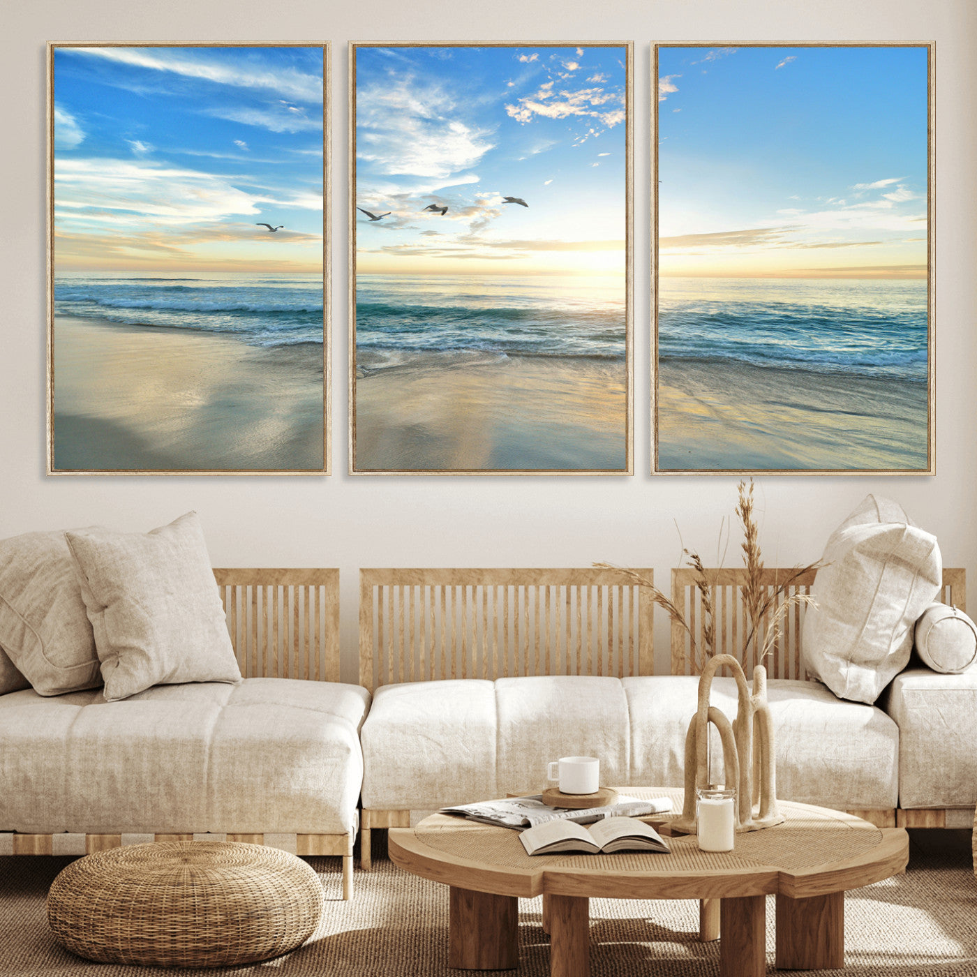 20708696-MGV-CV-36X24-Minimalist Seaside Wall Art Canvas Print – Morning Glow Golden Reflections Coastal Nature Artwork for Home, Office