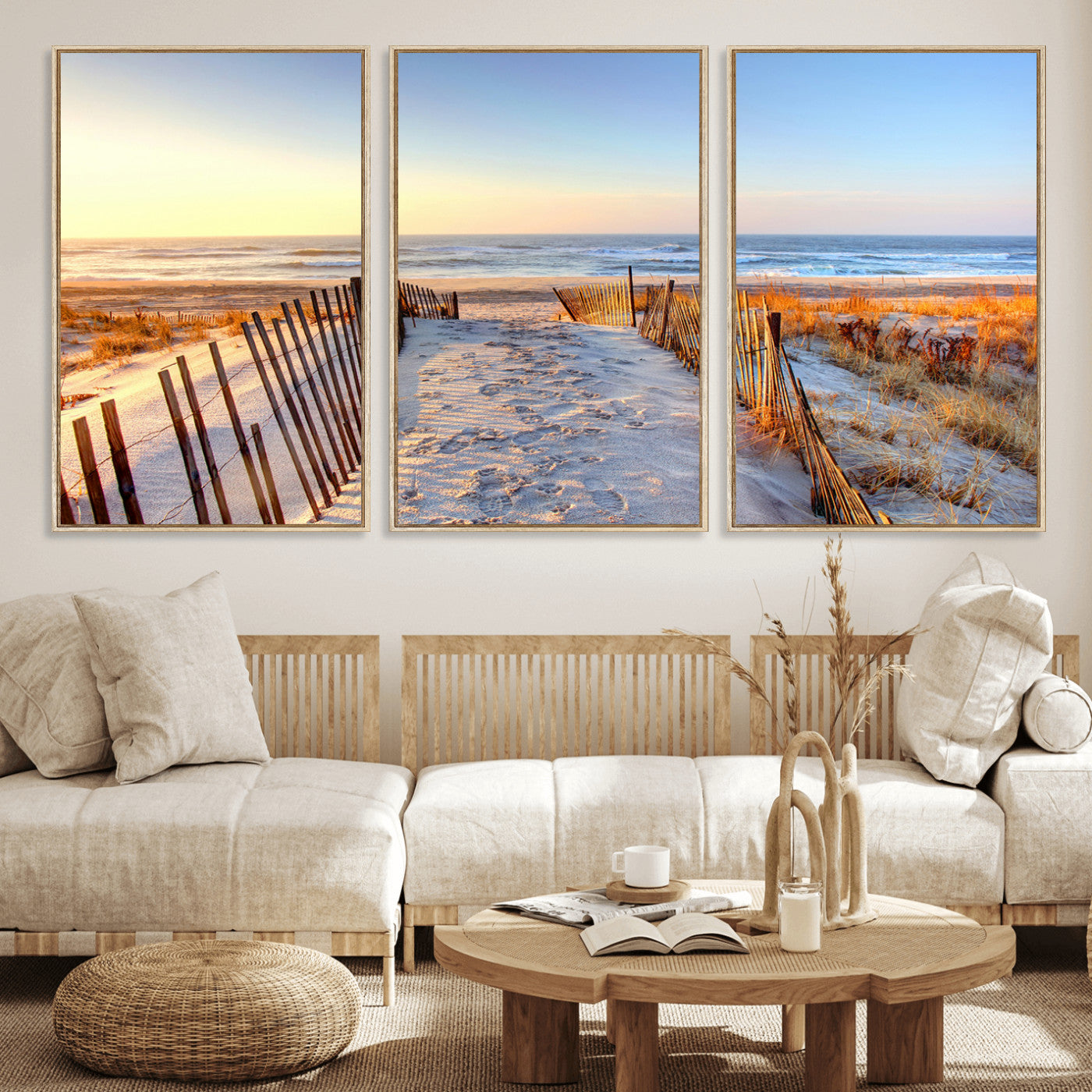 73351887-MGV-FC-60X30-3P_Natural-Ocean Sunset Wall Art Canvas Print – Nautical Beach Photography Summer Coastal Serenity Artwork for Home, Office